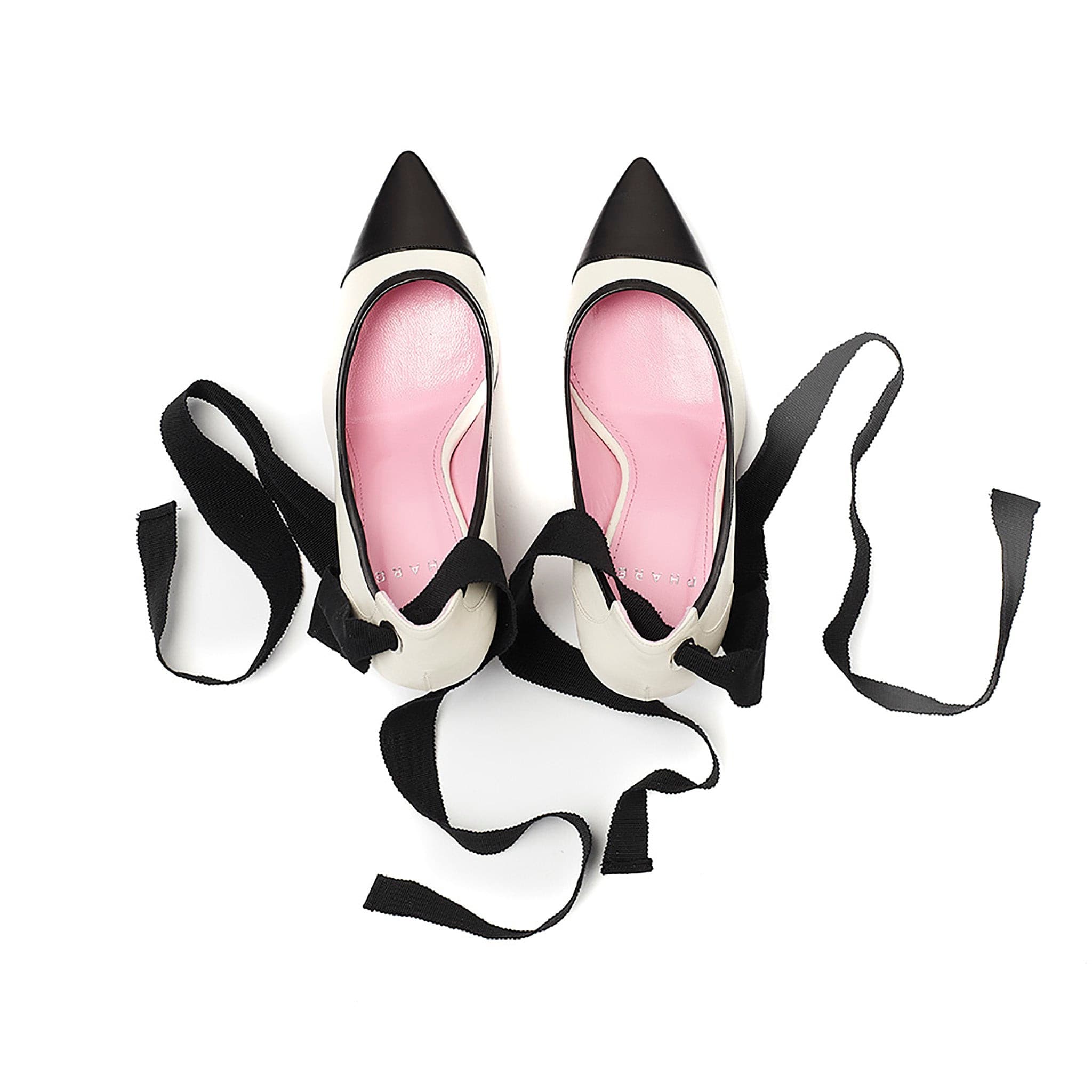 Ribbon tie pump in cream/black leather top view