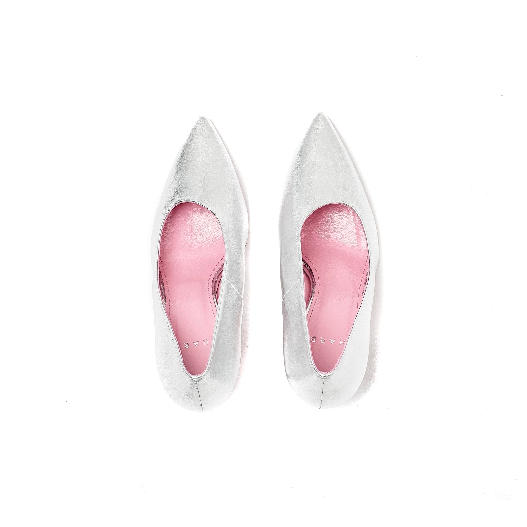 Phare asymmetrical pump in metallic silver leather top view