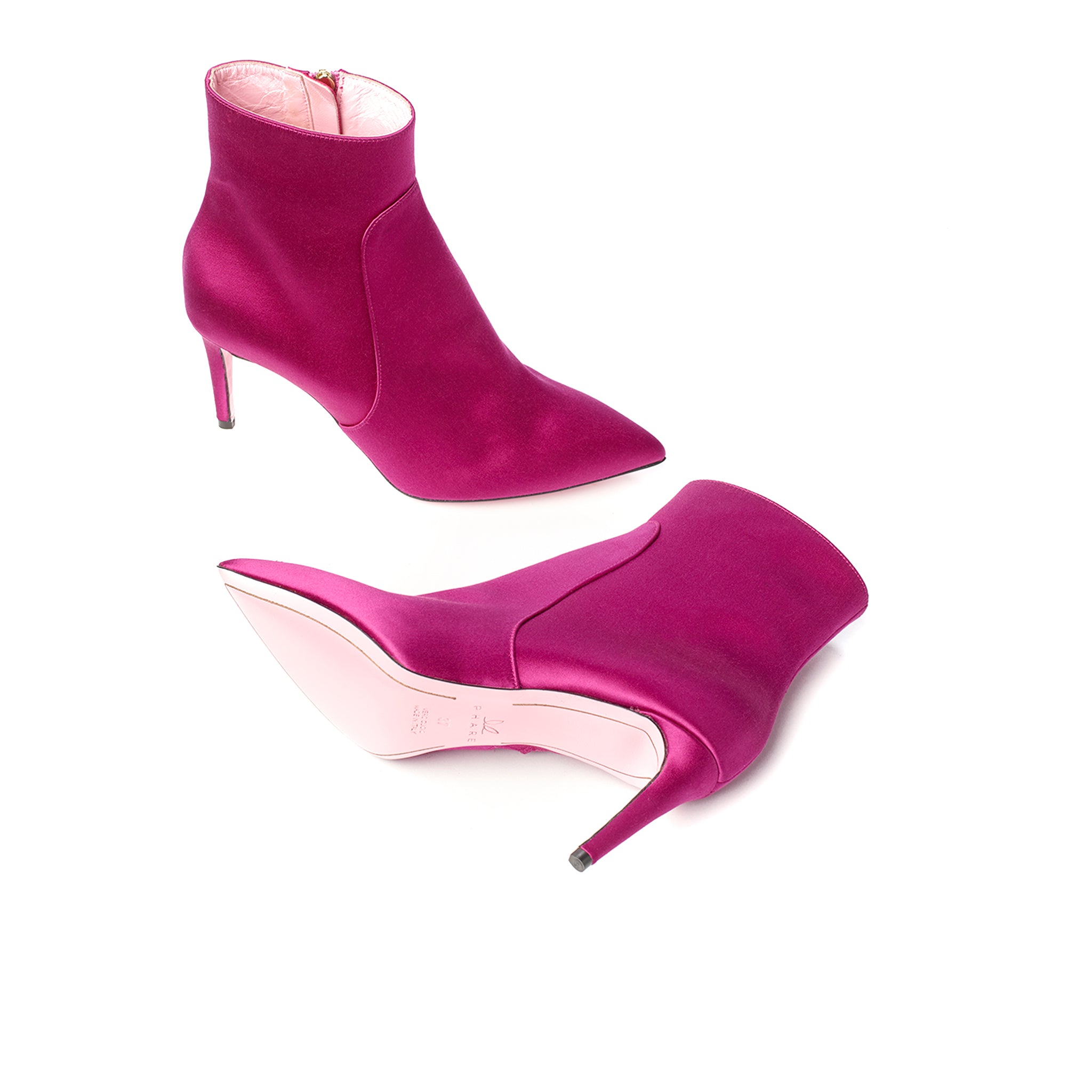 Phare classic heel Fuchsia Satin high heel boot, made in Italy sole view 