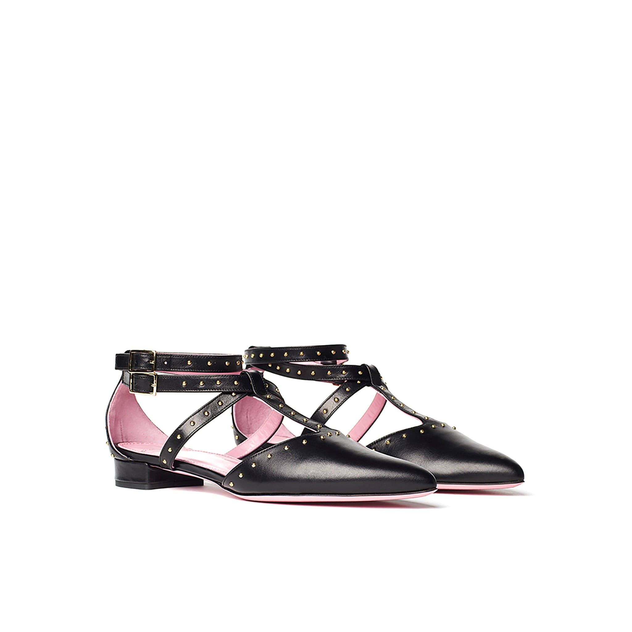 Studded pointed flat in black leather with gold studs 3/4 view