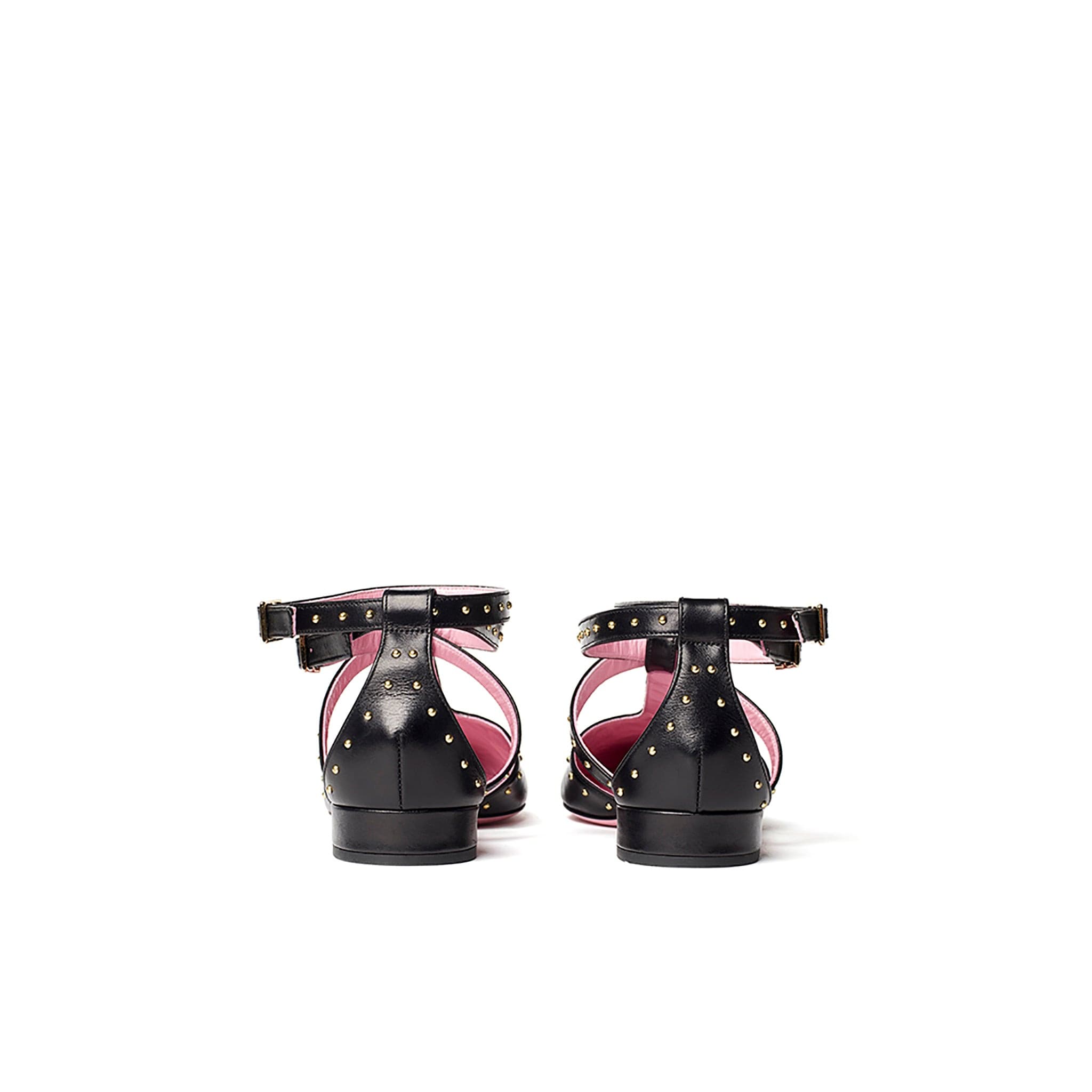 Studded pointed flat in black leather with gold studs back view