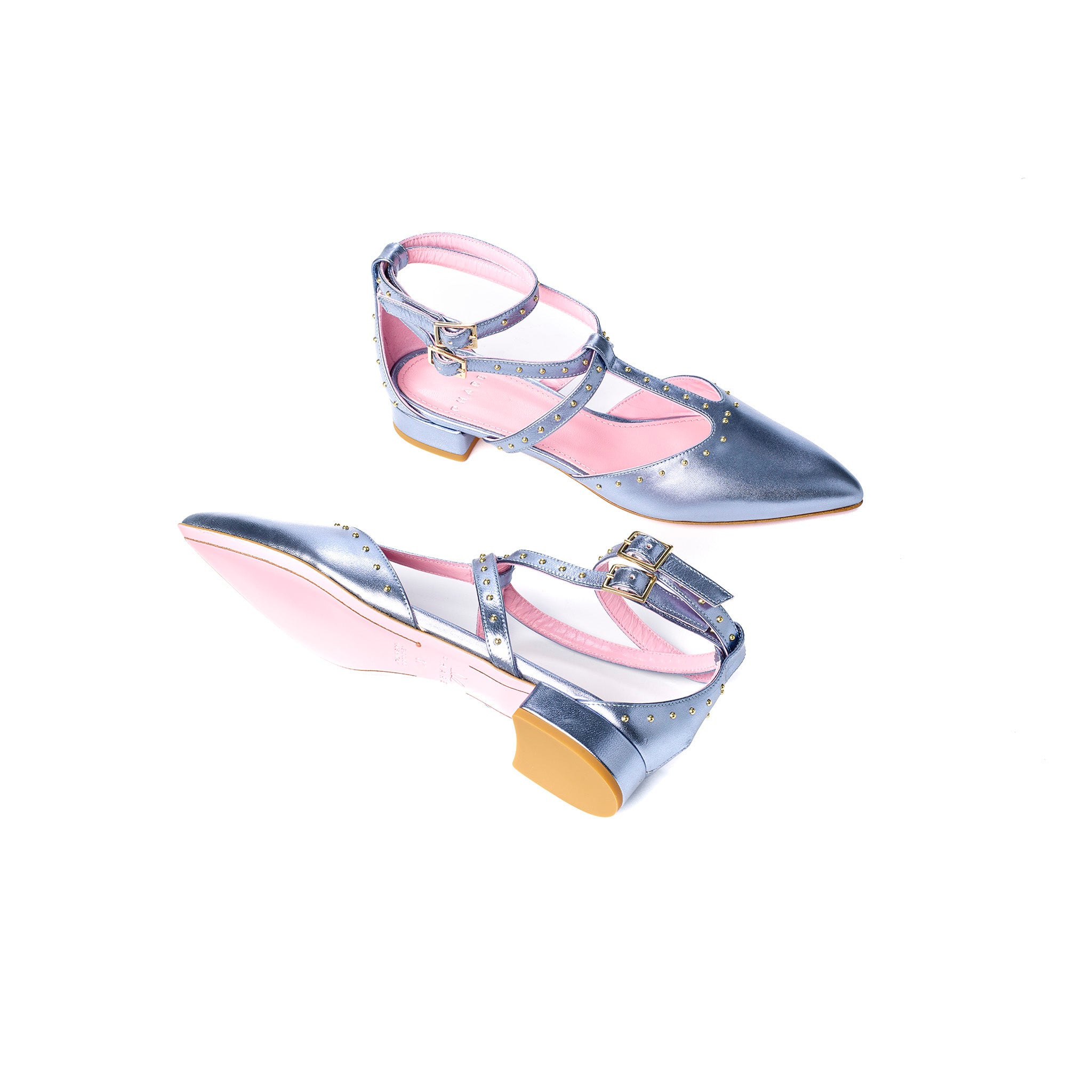 Phare Pointed studded flat in metallic blue leather with gold studs sole view