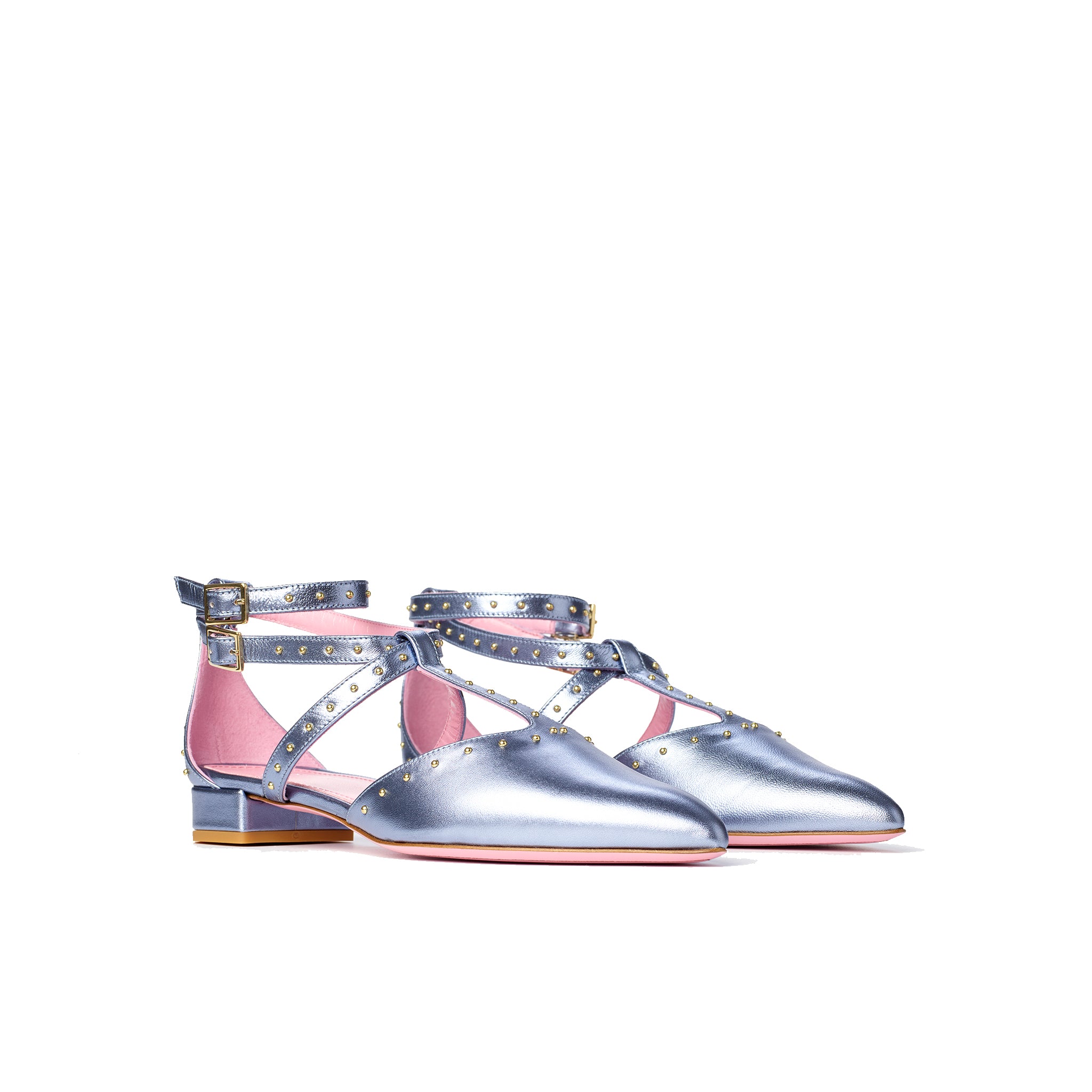 Phare Pointed studded flat in metallic blue leather with gold studs 3/4 view