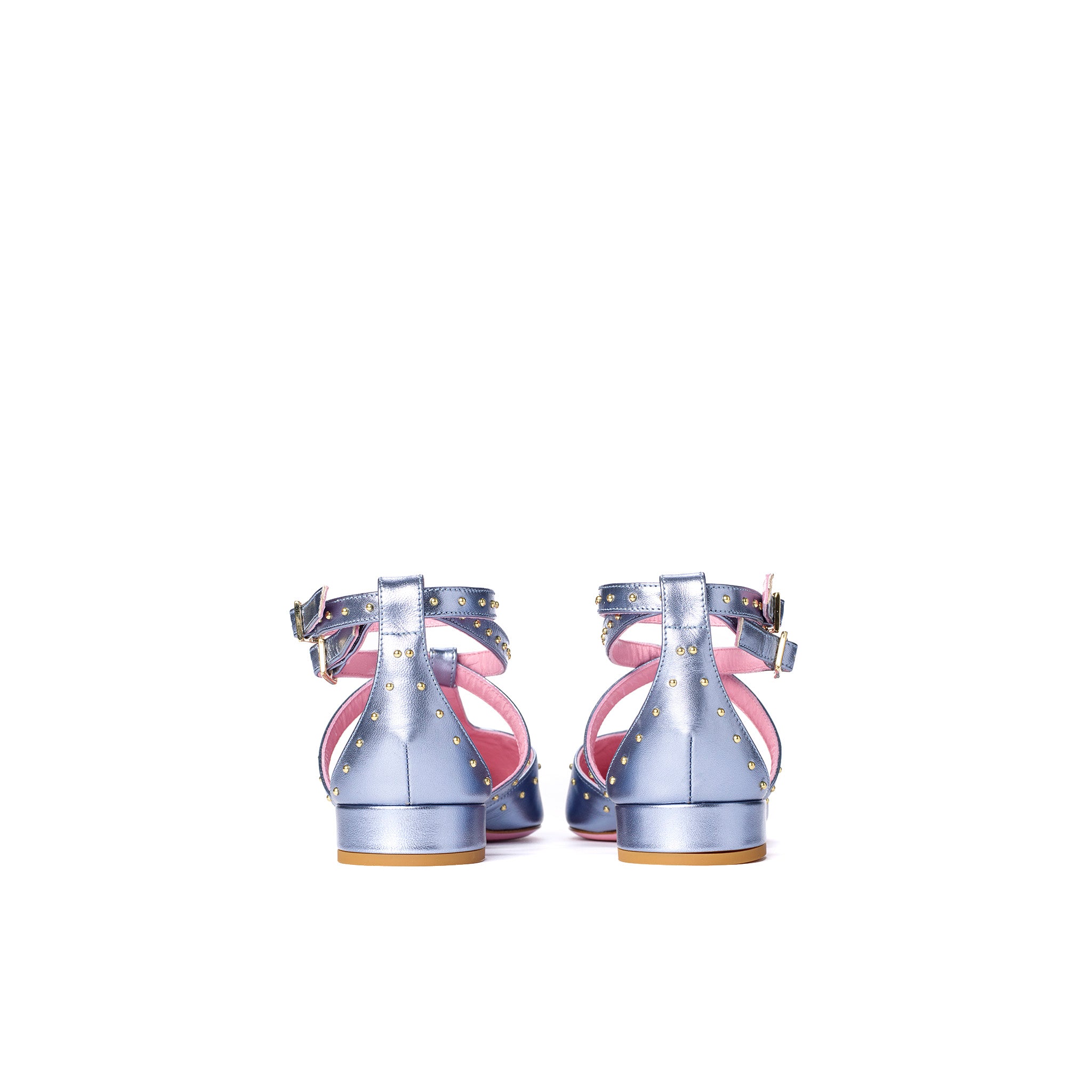 Phare Pointed studded flat in metallic blue leather with gold studs back view