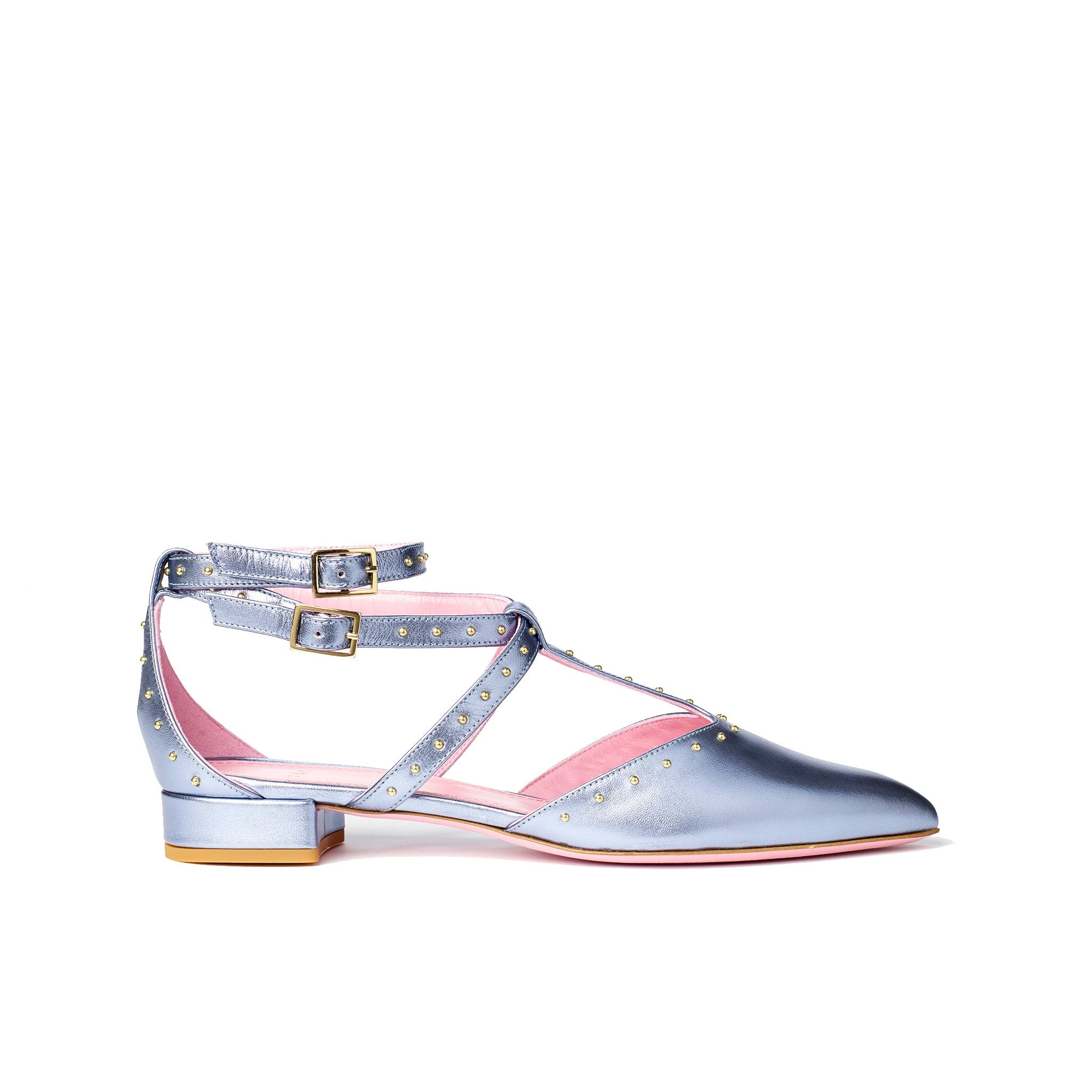 Phare Pointed studded flat in metallic blue leather with gold studs