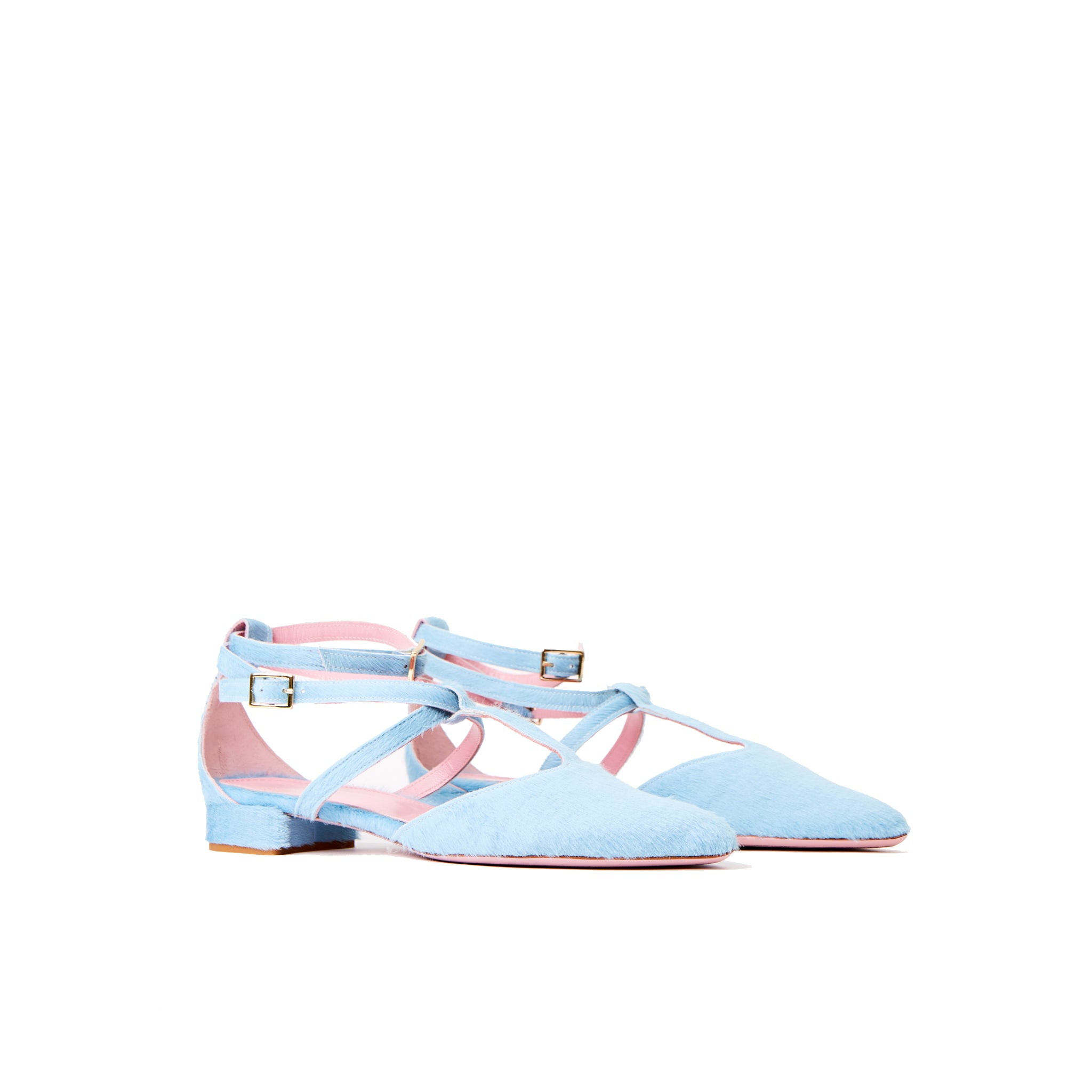 Phare ankle strap pointed flat in light blue pony hair 3/4 view