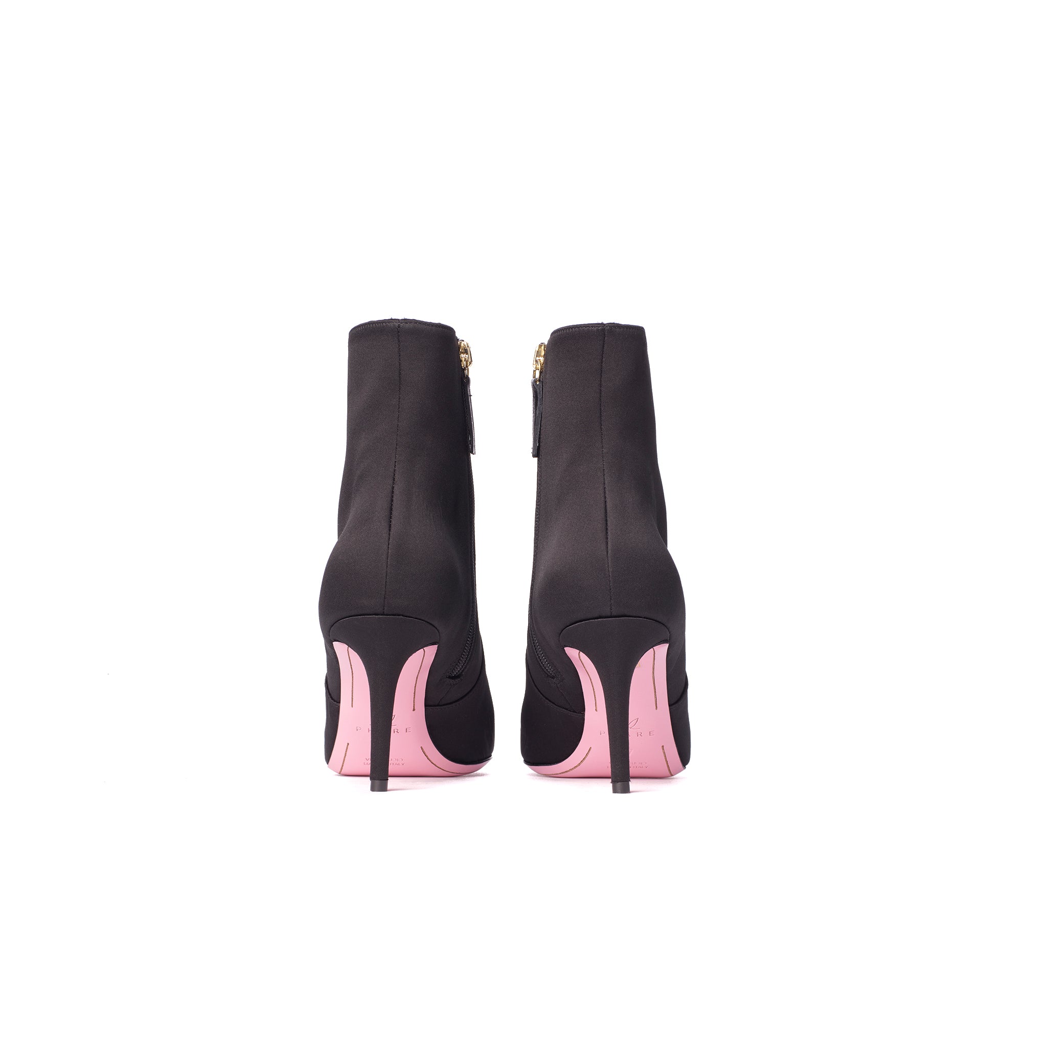 Phare  pointed claasic high heel boot in black silk satin, made in Italy back view