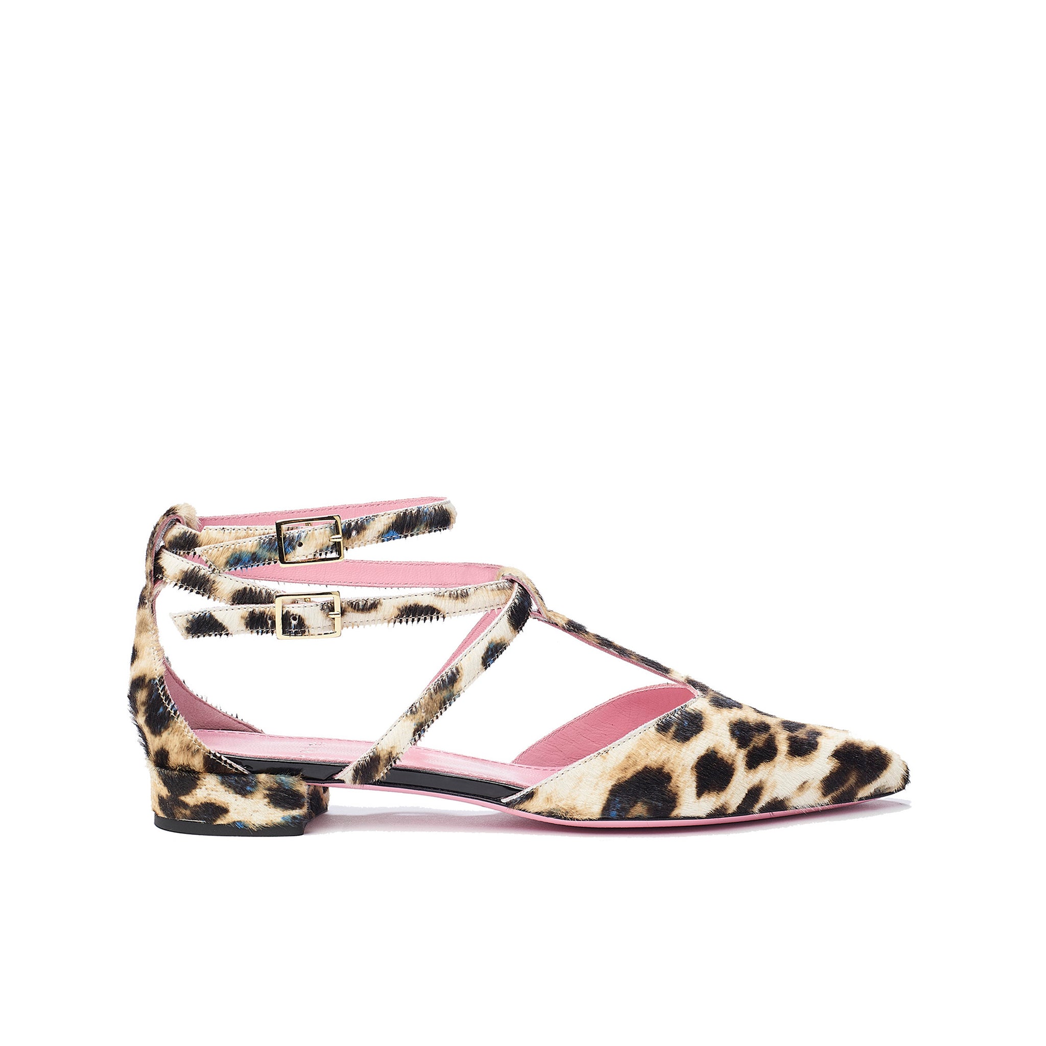 Phare ankle strap pointed flat in leopard pony hair