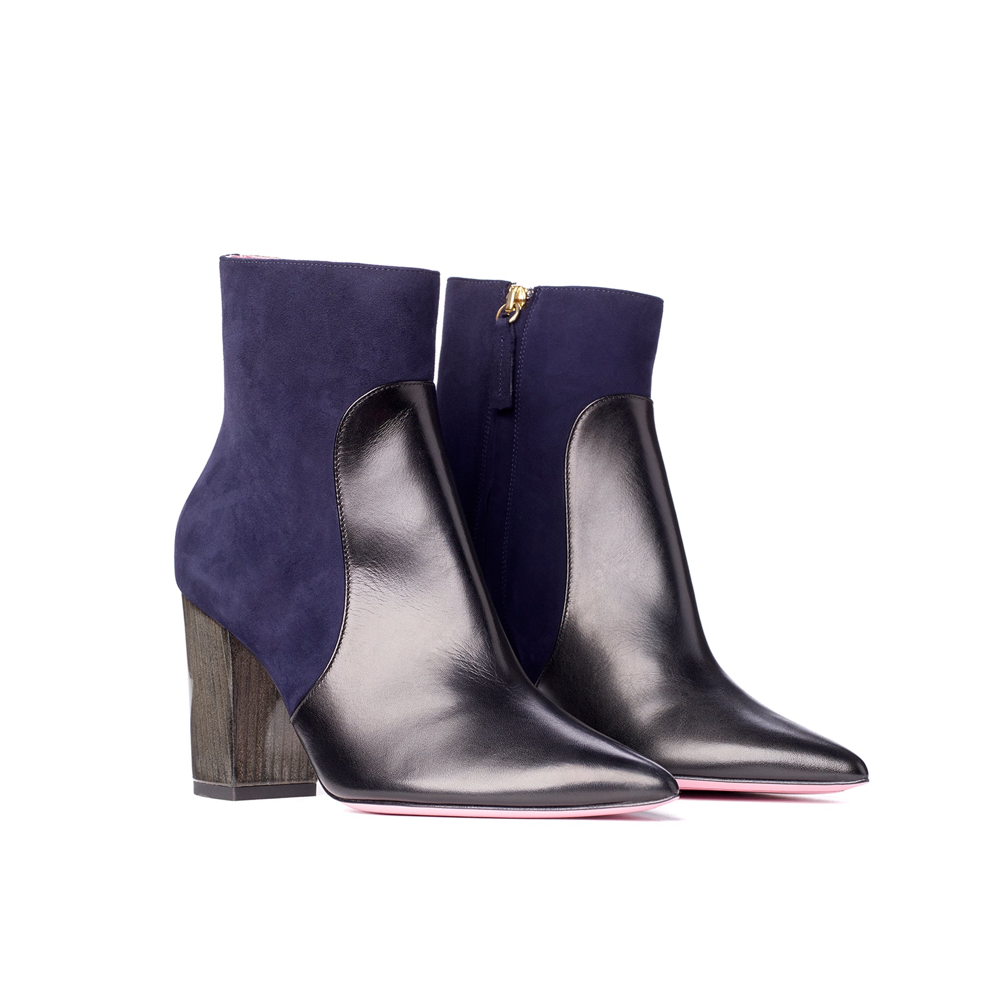 Phare Pointed block heel boot in navy suede and black leather 3/4 view