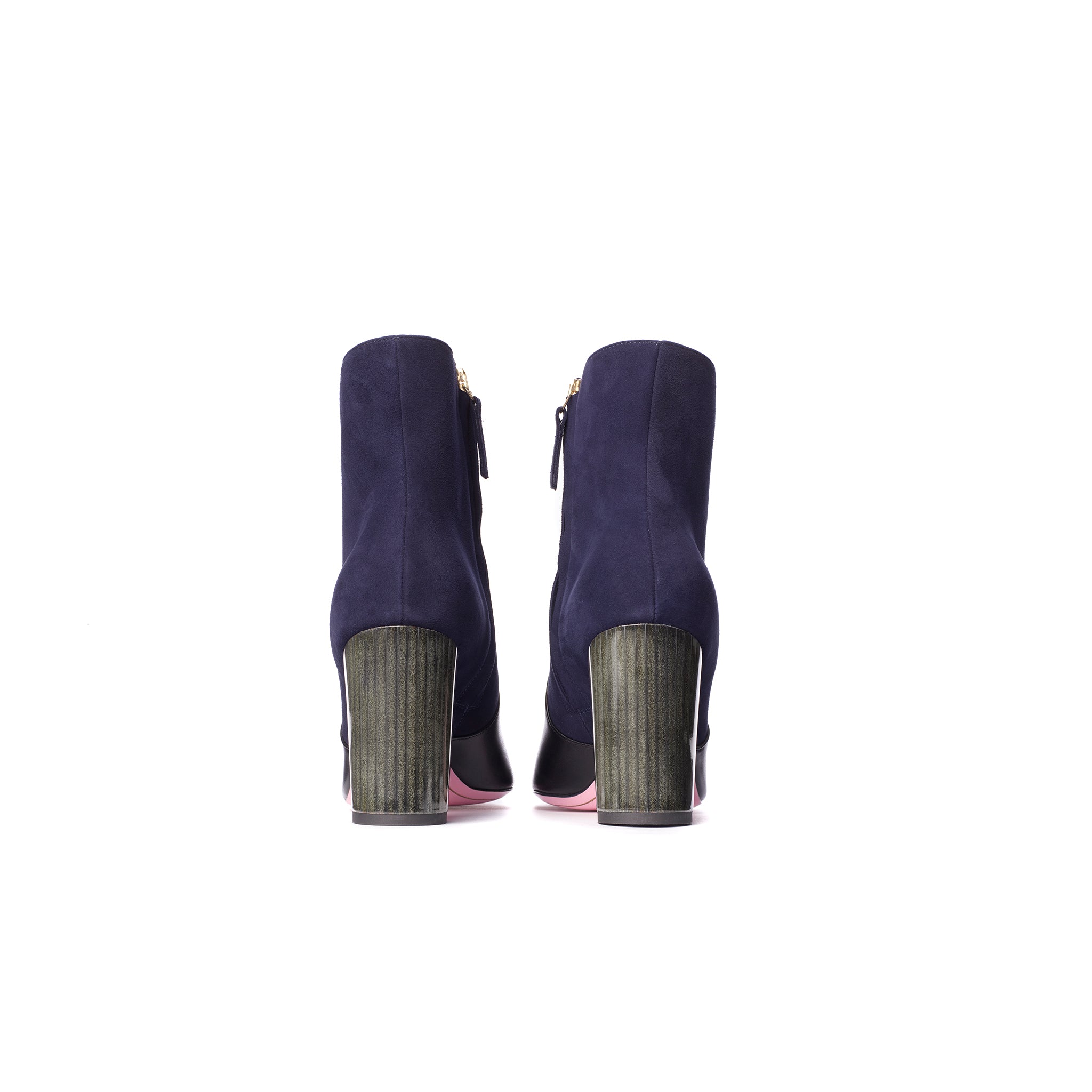 Phare Pointed block heel boot in navy suede and black leather back view
