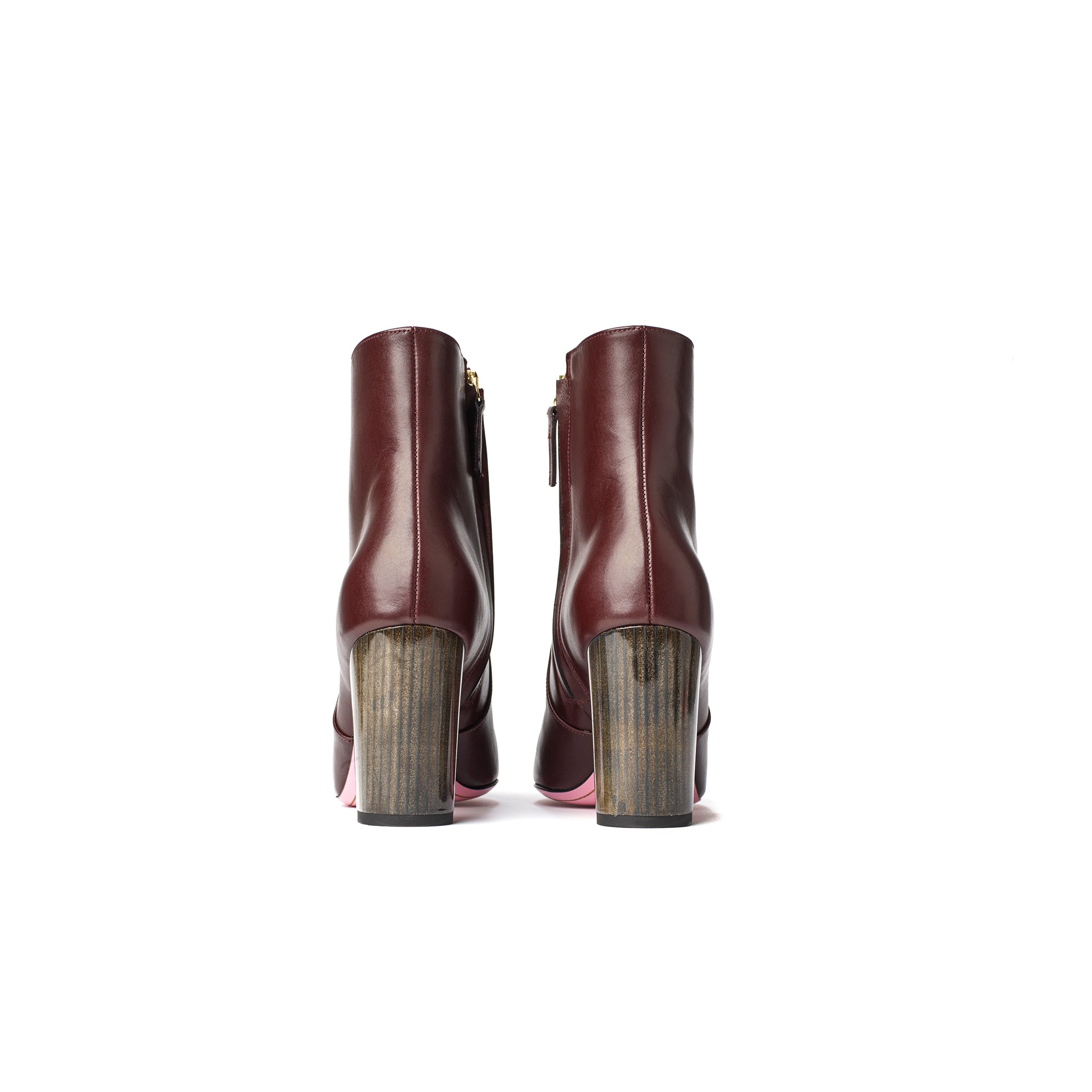 Phare Pointed block heel boot in bordeaux leather made in Italy back view