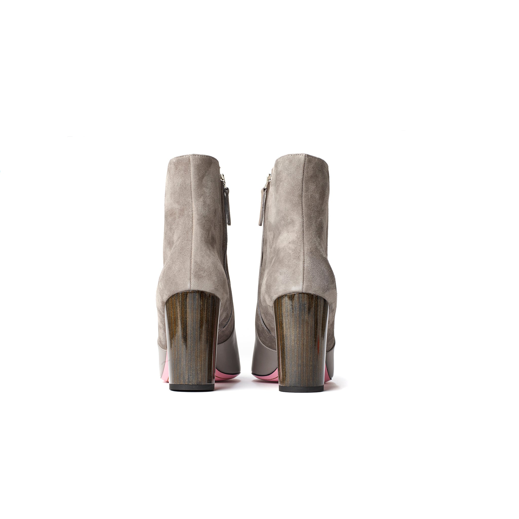 Phare Pointed block heel boot in cemento suede and leather made in Italy back view