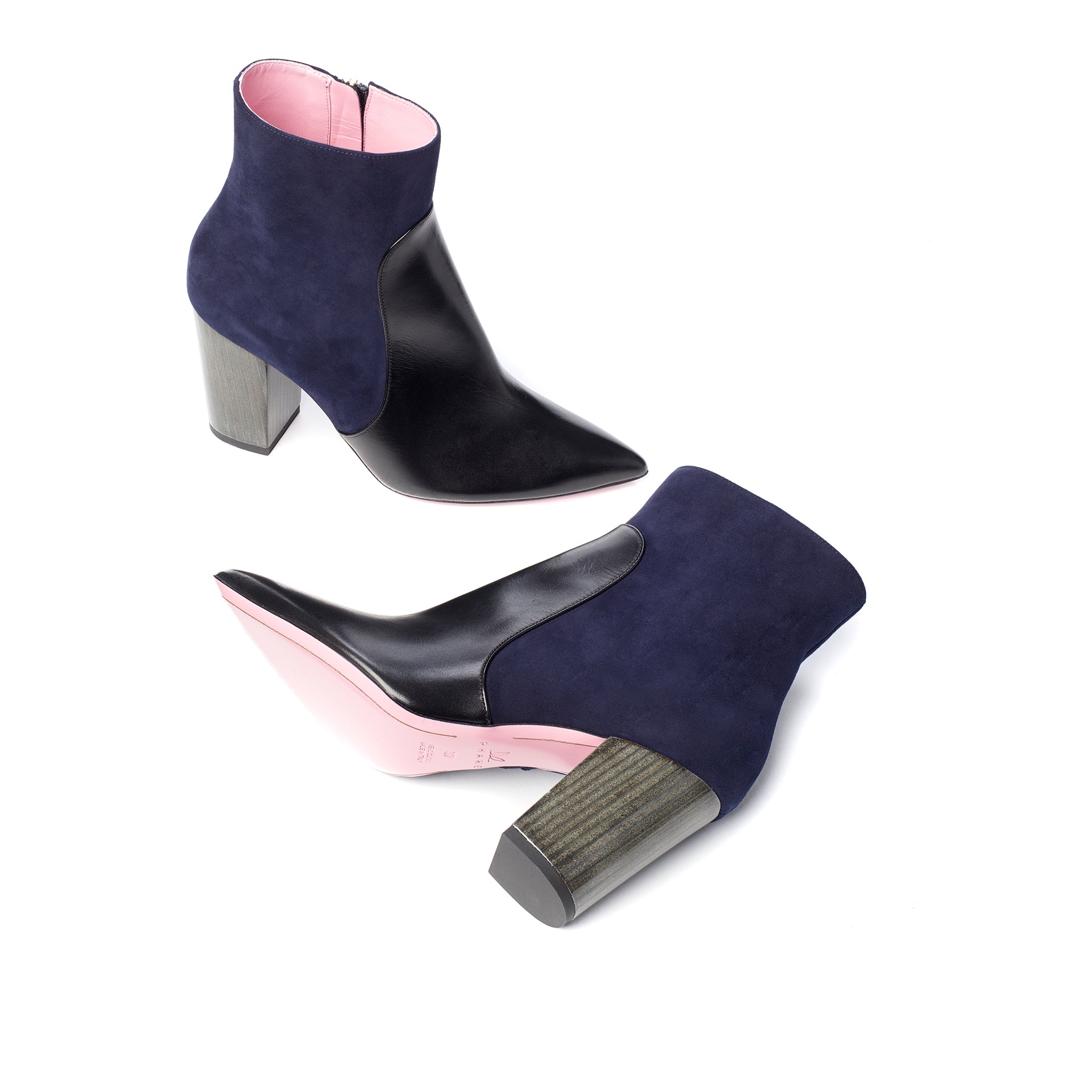 Phare Pointed block heel boot in navy suede and black leather sole view