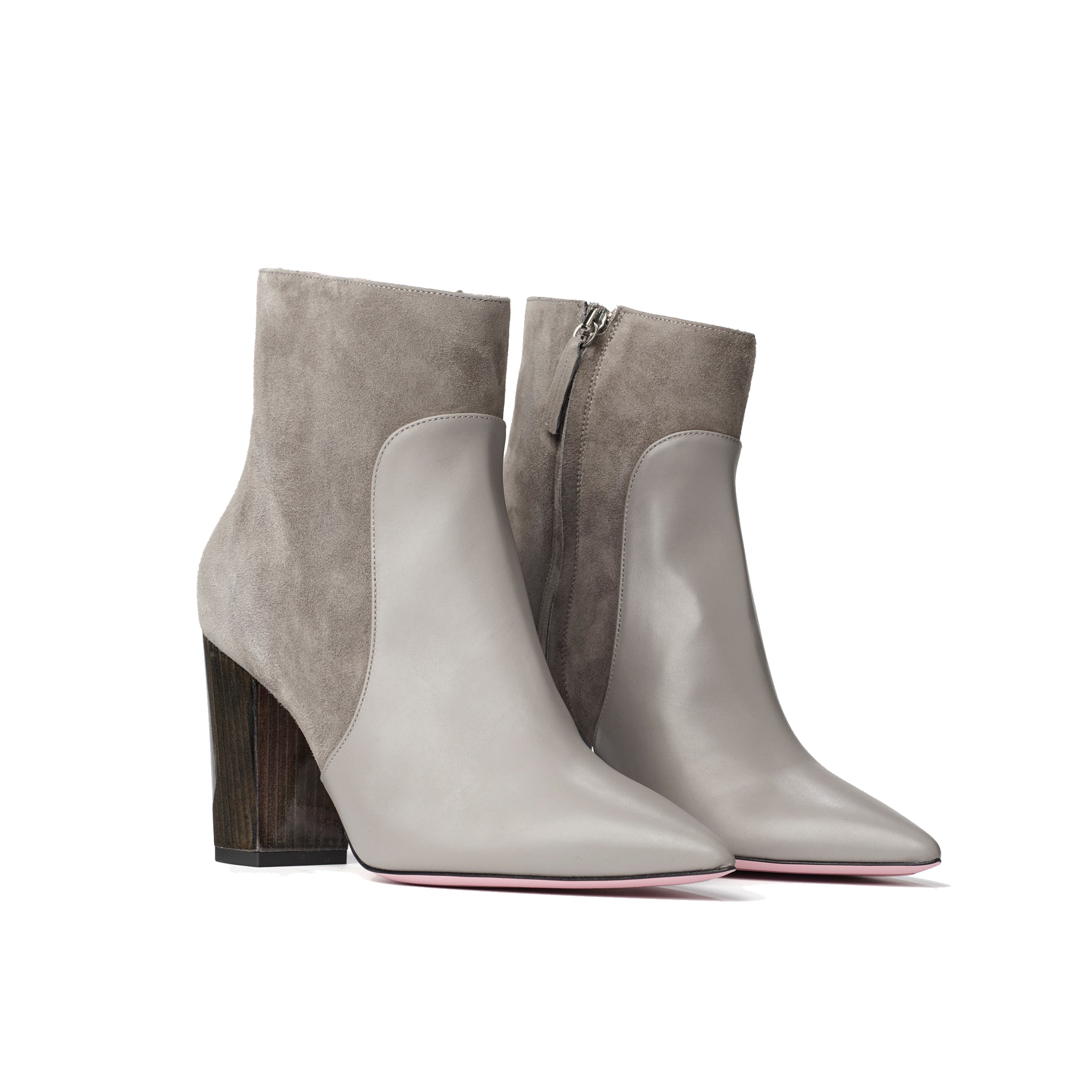 Phare Pointed block heel boot in cemento suede and leather made in Italy 3/4 view