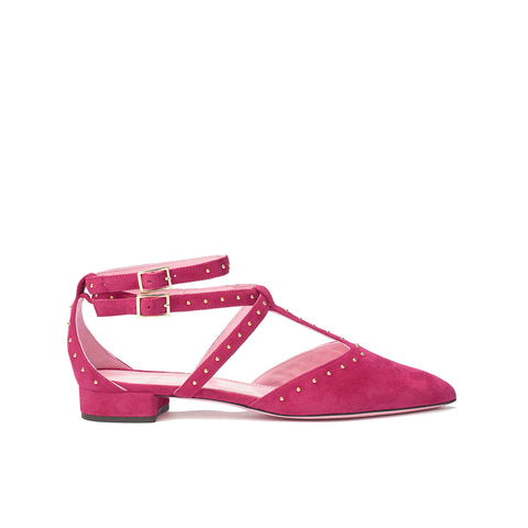 Phare Studded pointed flat in azalea suede with gold studs