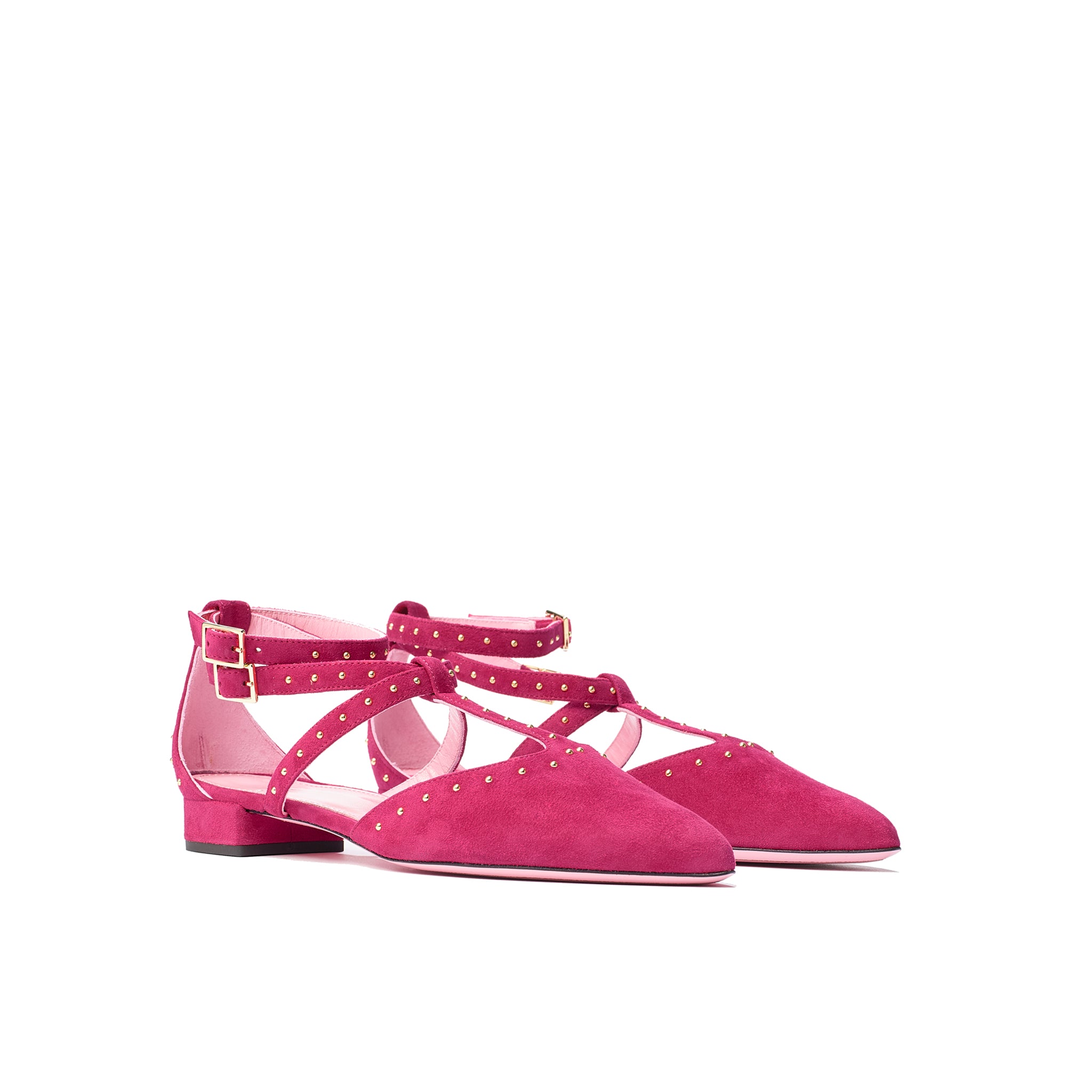 Phare Studded pointed flat in azalea suede with gold studs 3/4 view