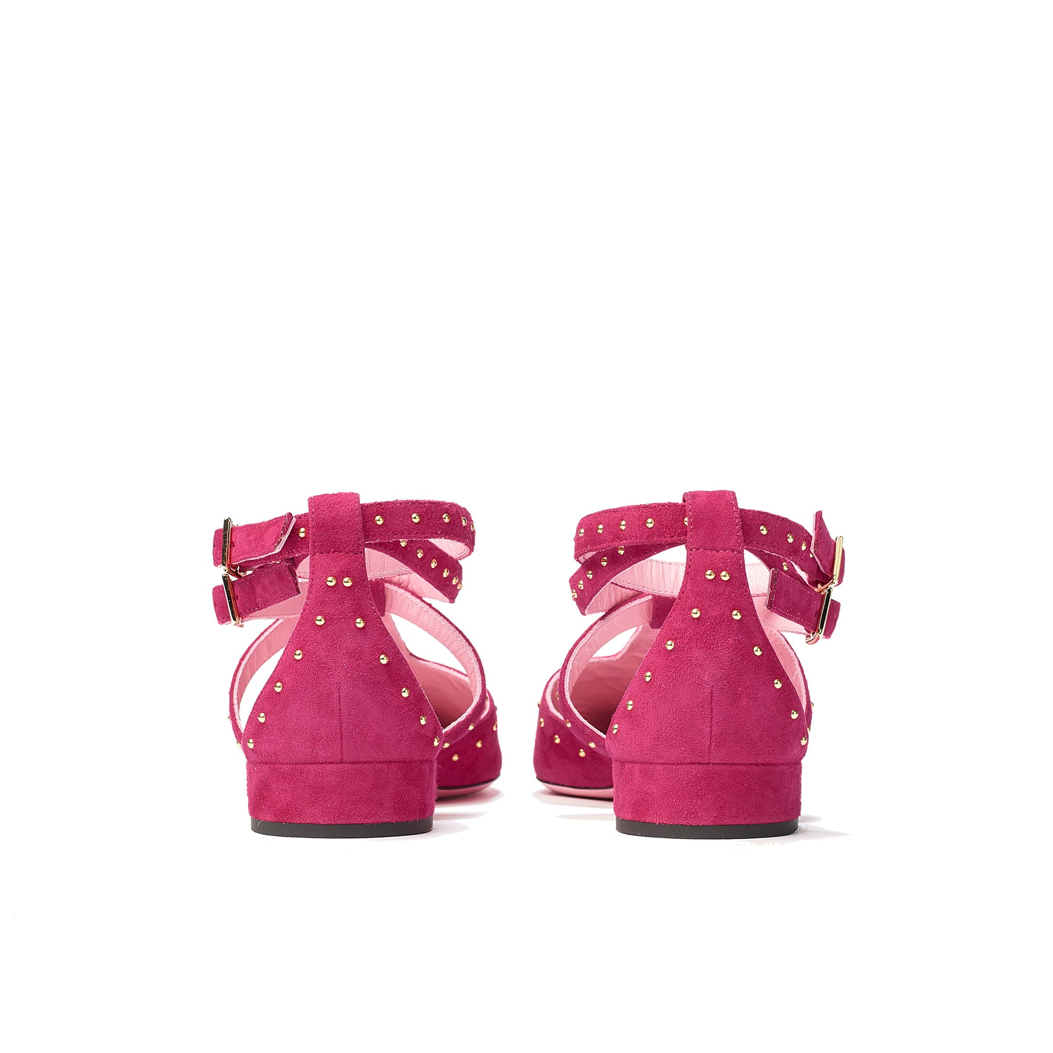 Phare Studded pointed flat in azalea suede with gold studs back view