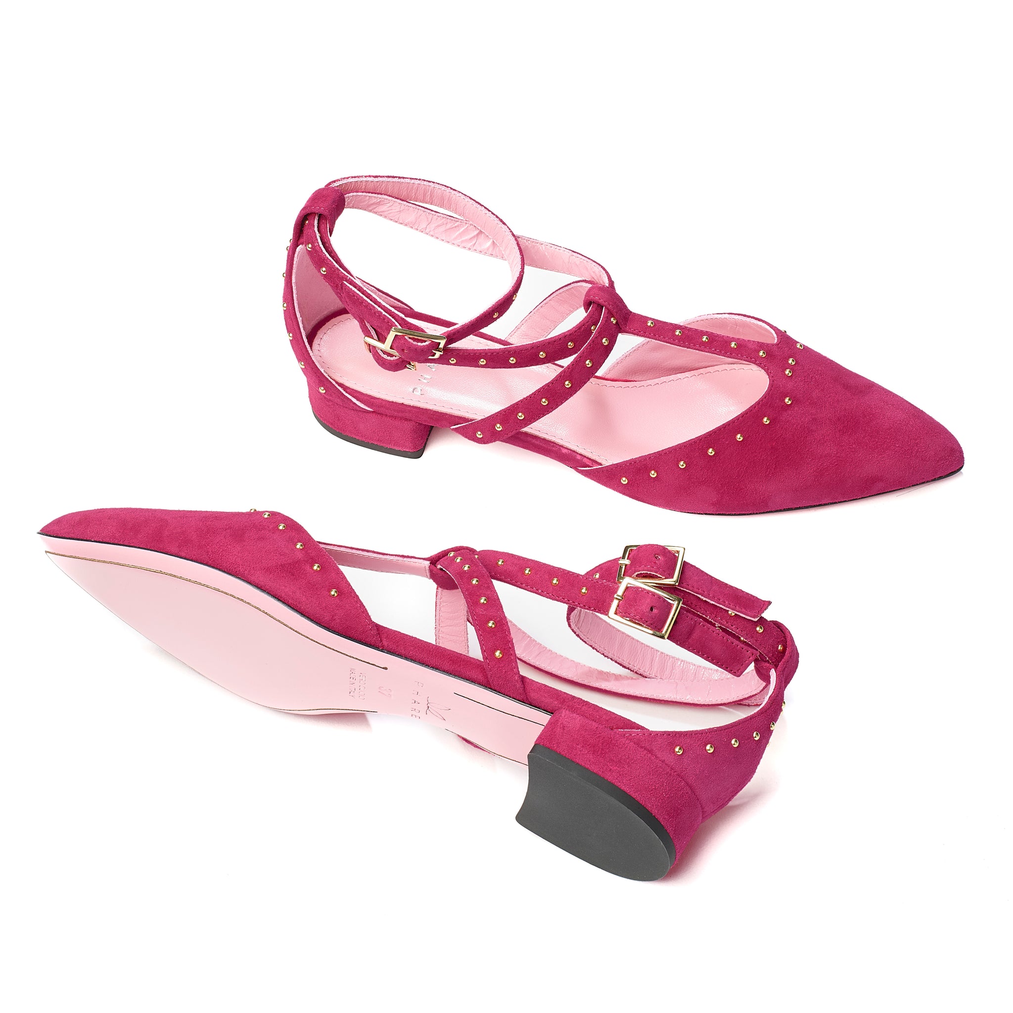 Phare Studded pointed flat in azalea suede with gold studs sole view