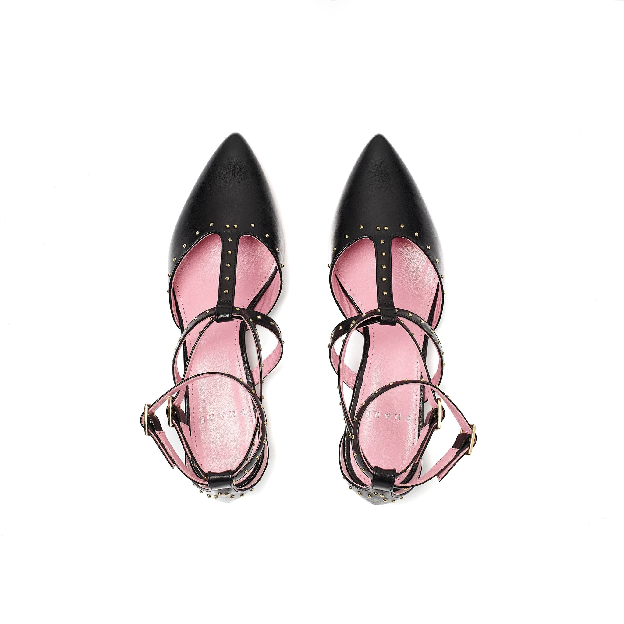 Studded pointed flat in black leather with gold studs top view