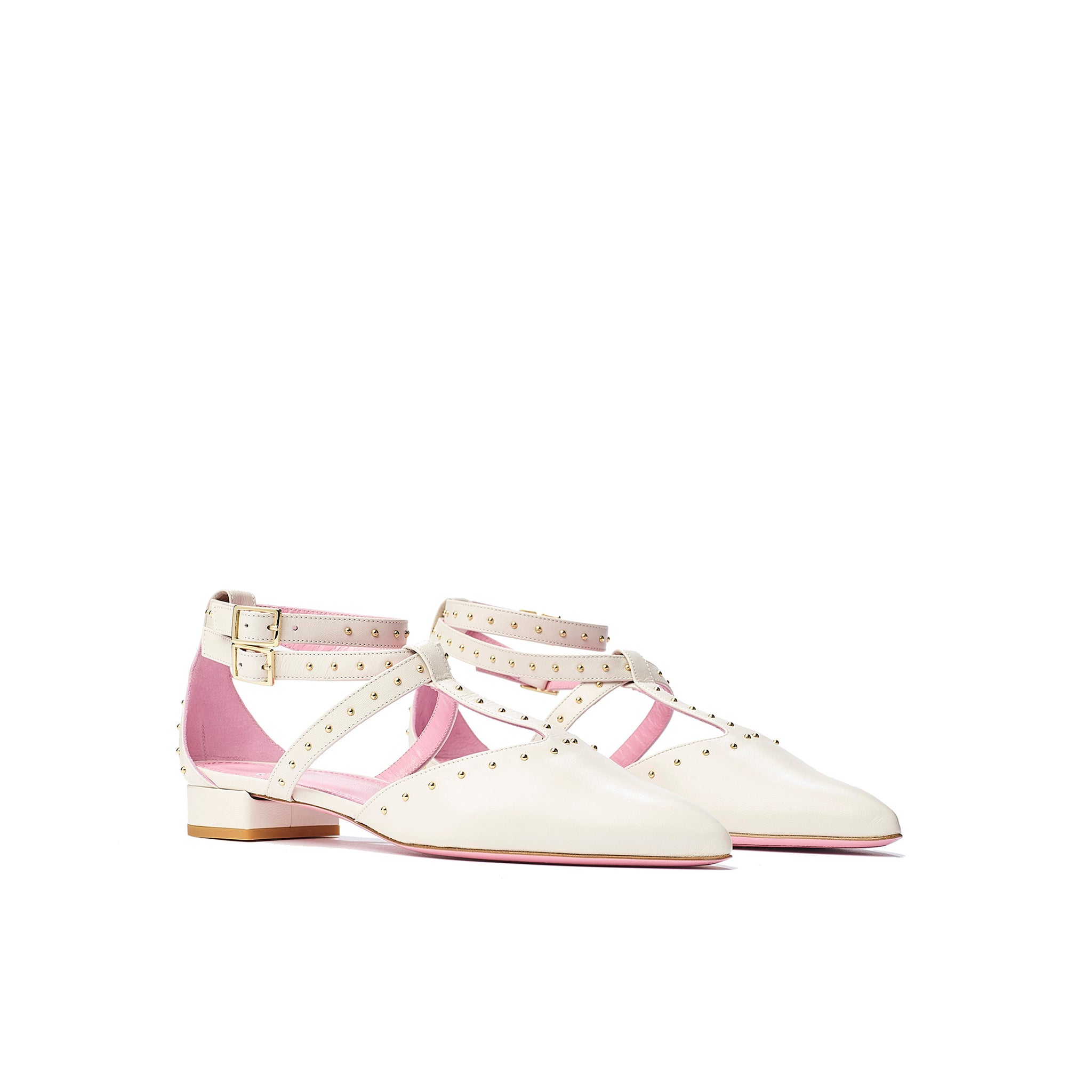 Phare Studded pointed flat in cream with gold studs 3/4 view