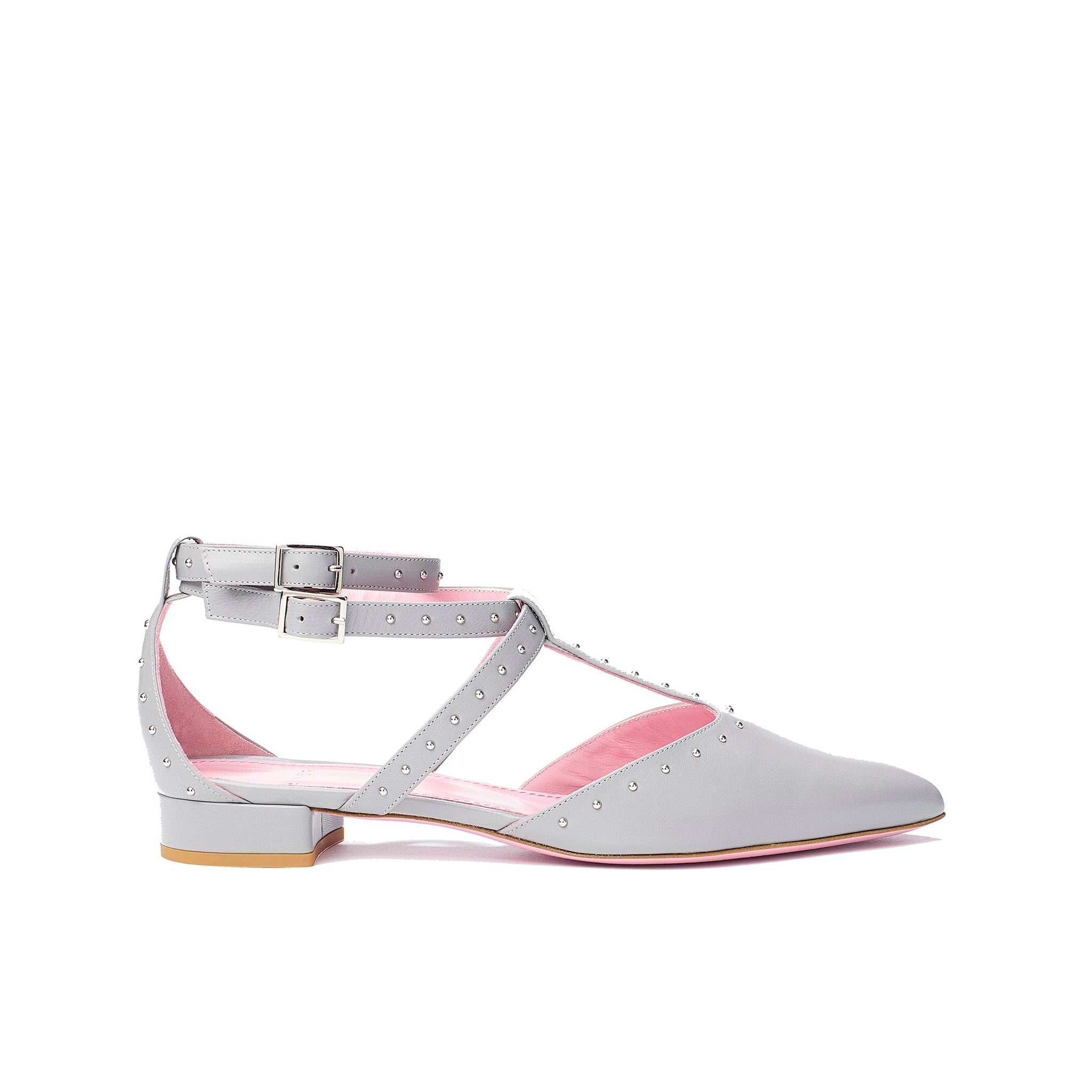 Phare Studded pointed flat in grigio leather with silver studs