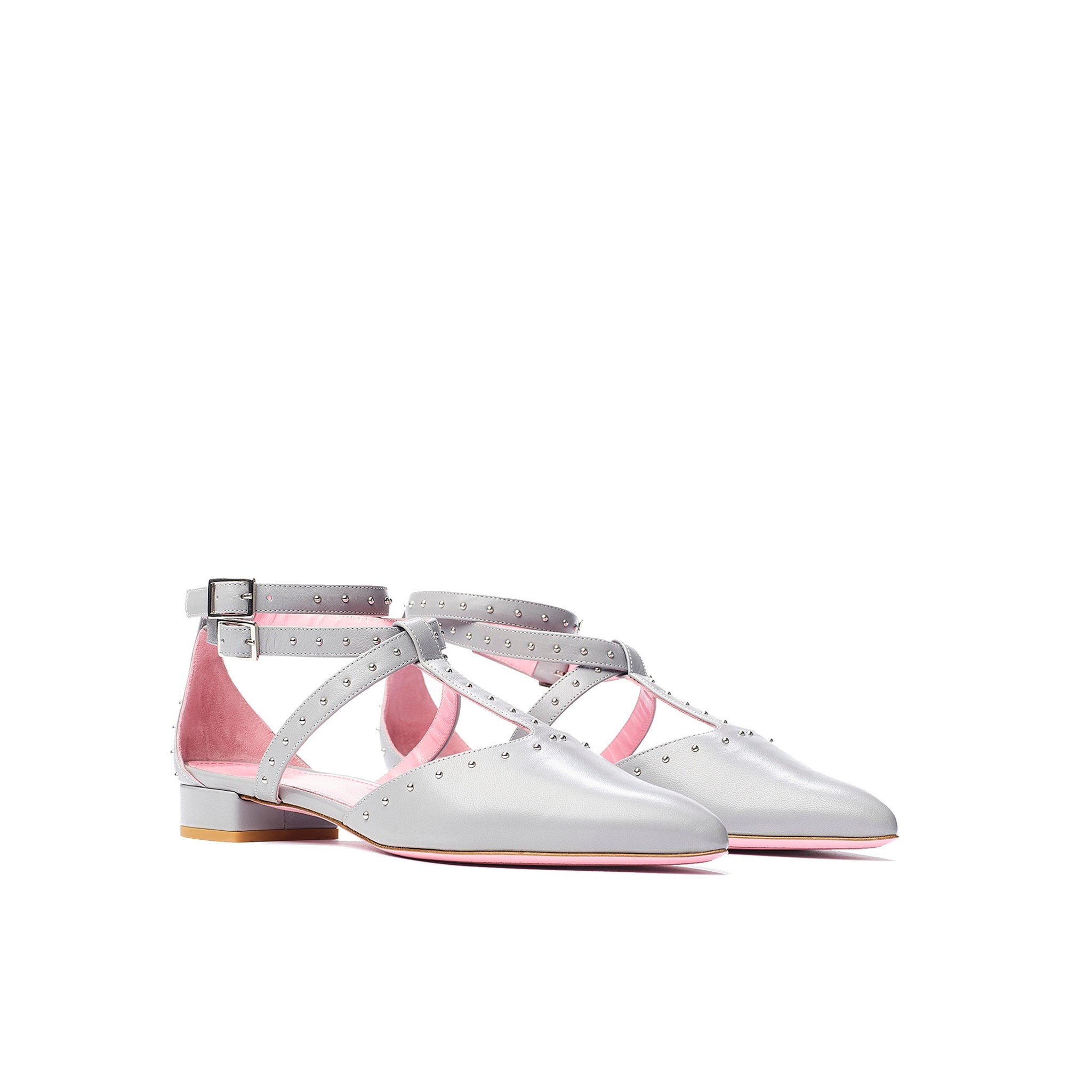 Phare Studded pointed flat in grigio leather with silver studs 3/4 view