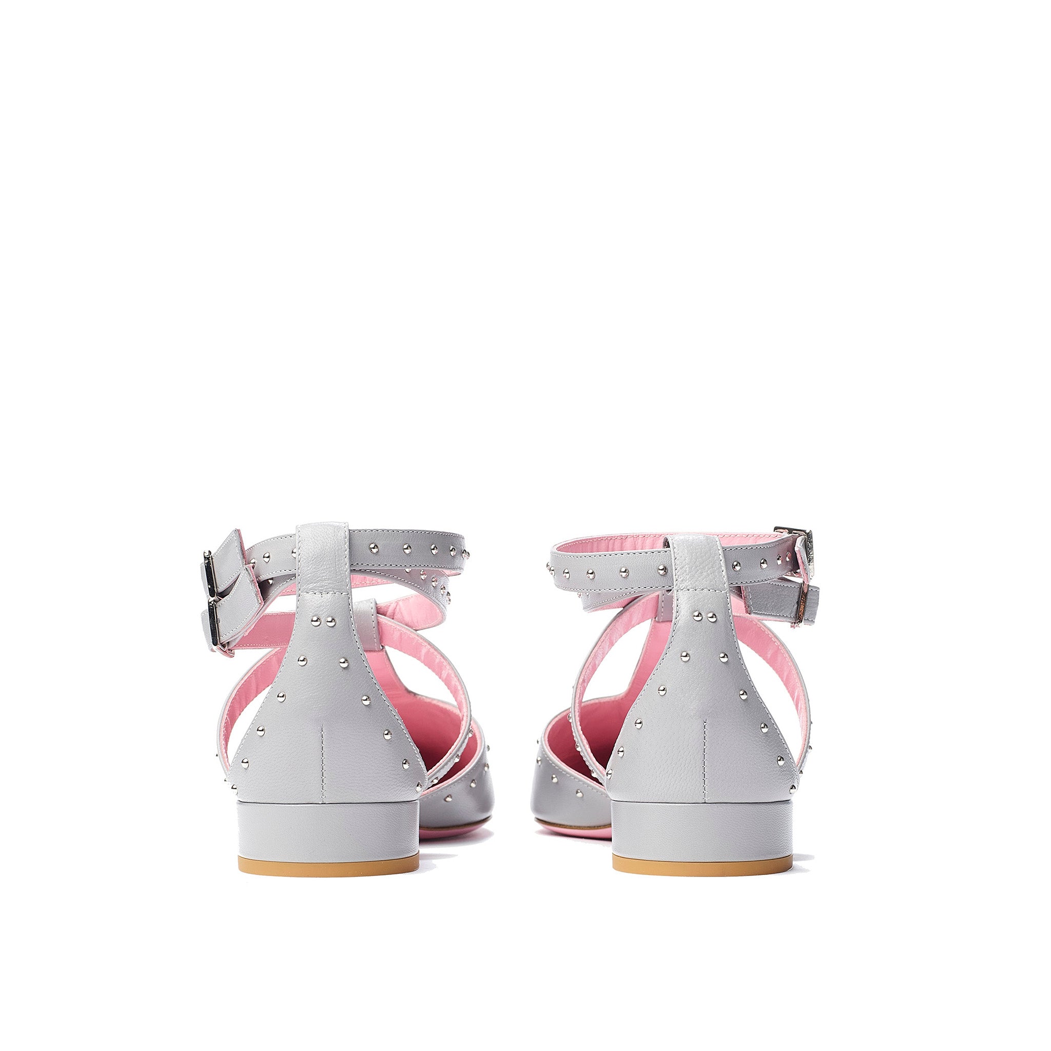 Phare Studded pointed flat in grigio leather with silver studs back view