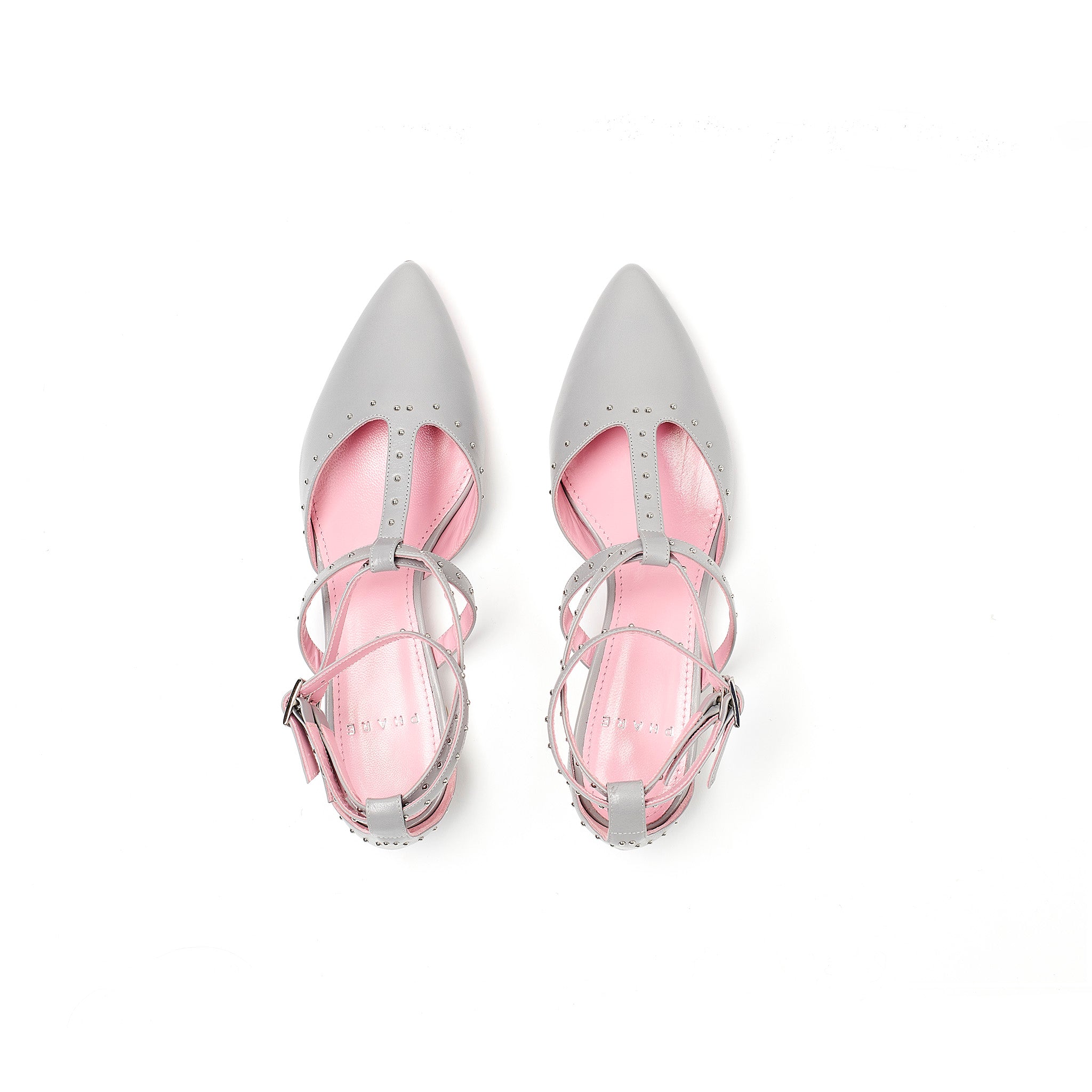 Phare Studded pointed flat in grigio leather with silver studs top view