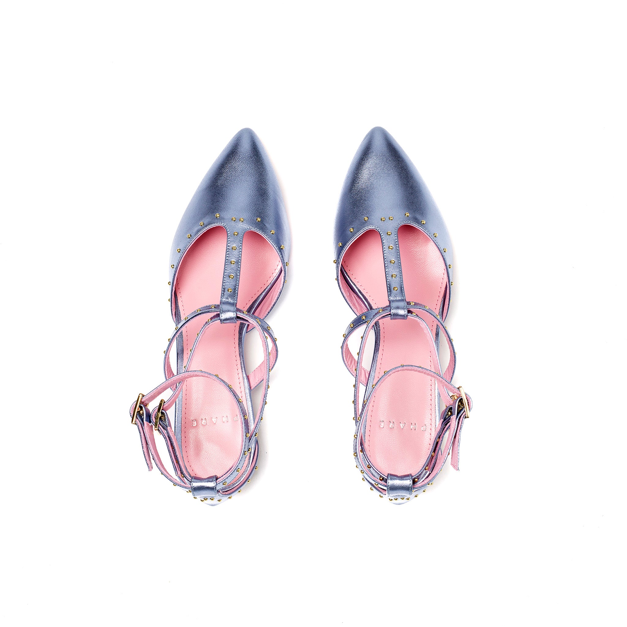 Phare Pointed studded flat in metallic blue leather with gold studs top view