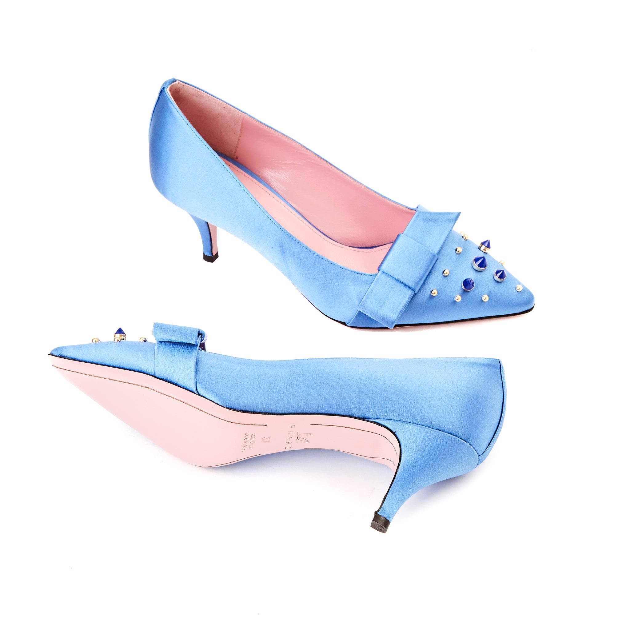 Phare studded kitten heel in blue silk satin  sole view