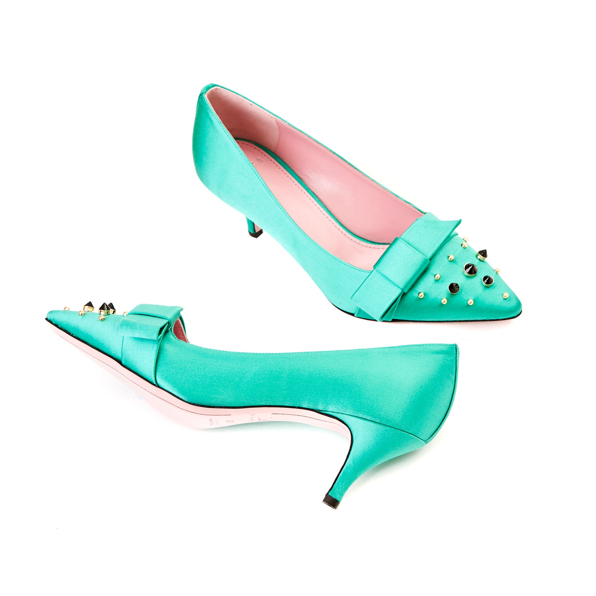 Phare studded kitten heel in verde silk satin with black and gold studs sole view