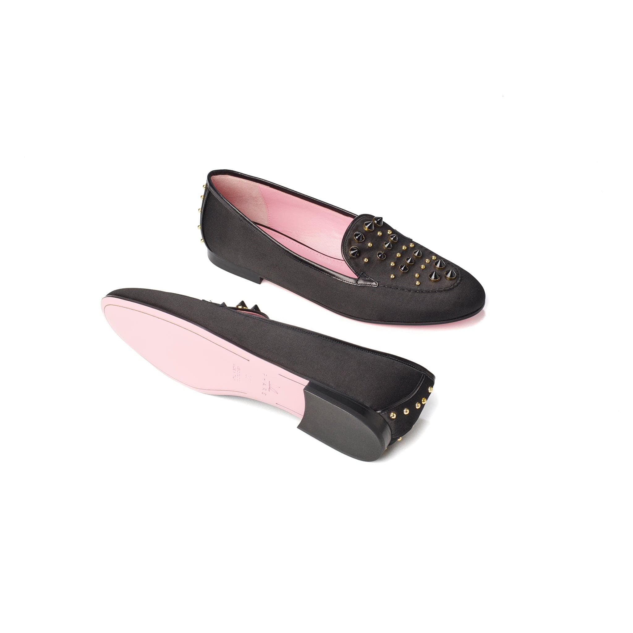 Phare studded loafer in black silk satin with black gold studs sole view