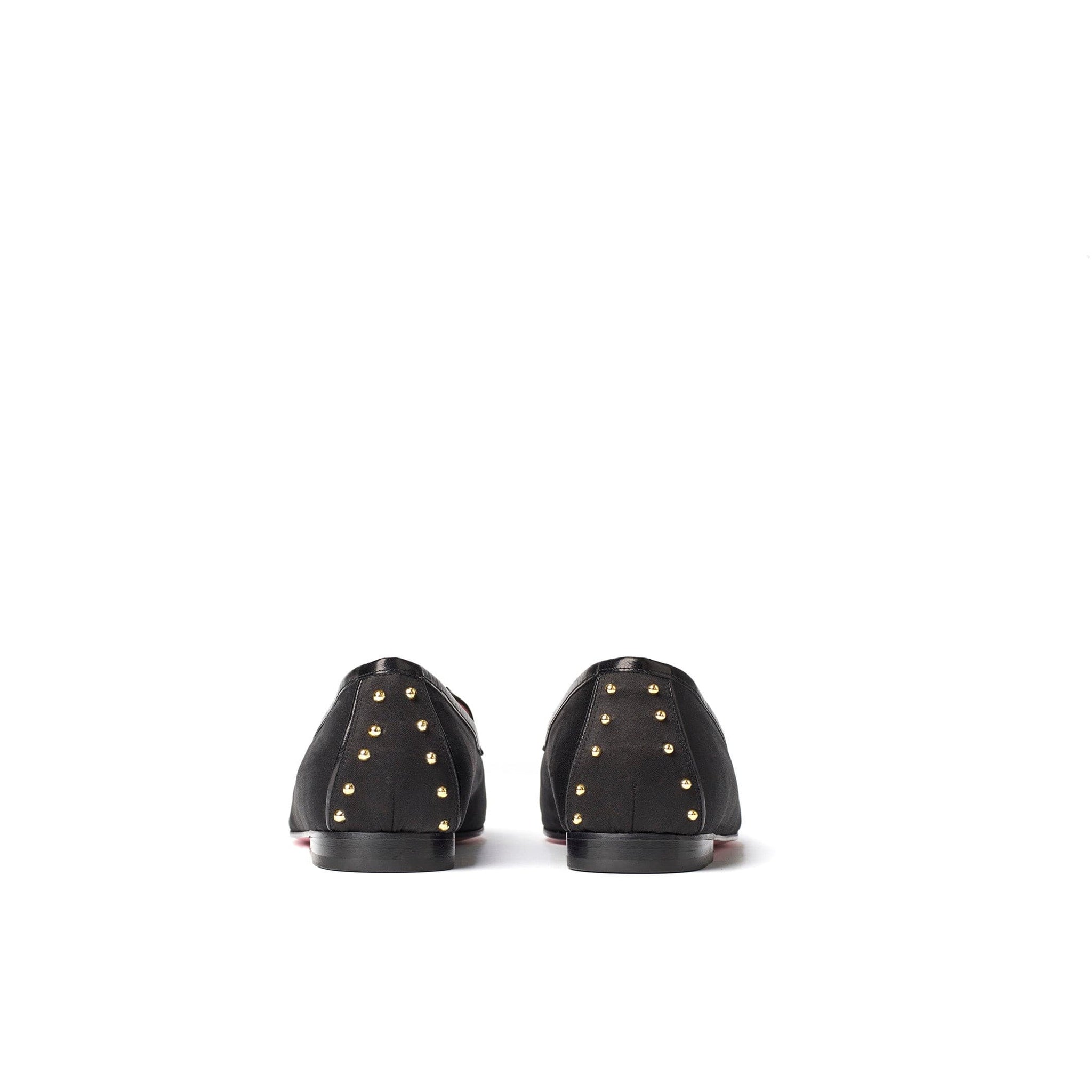 Phare studded loafer in black silk satin with black gold studs top view