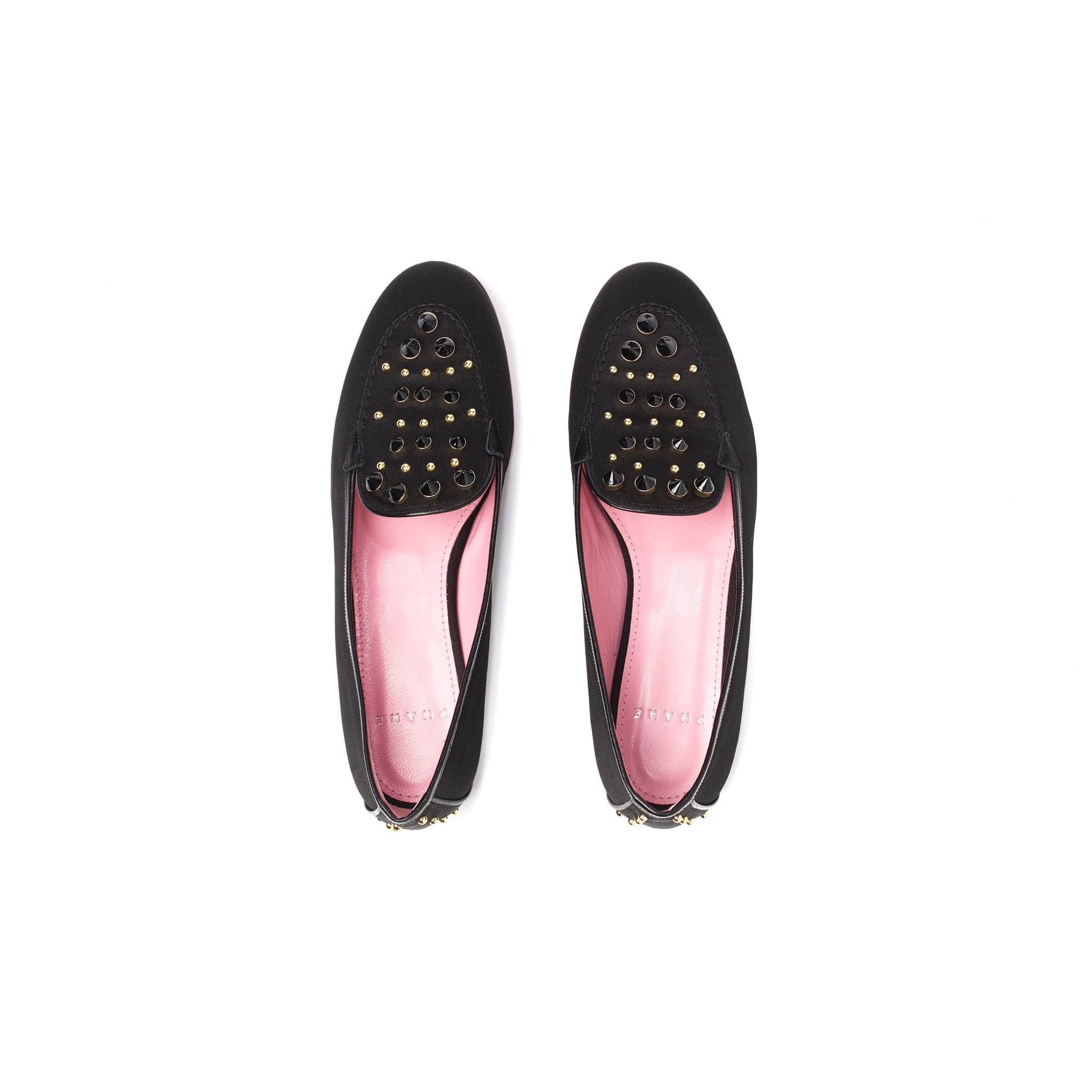 Phare studded loafer in black silk satin with black gold studs back view 