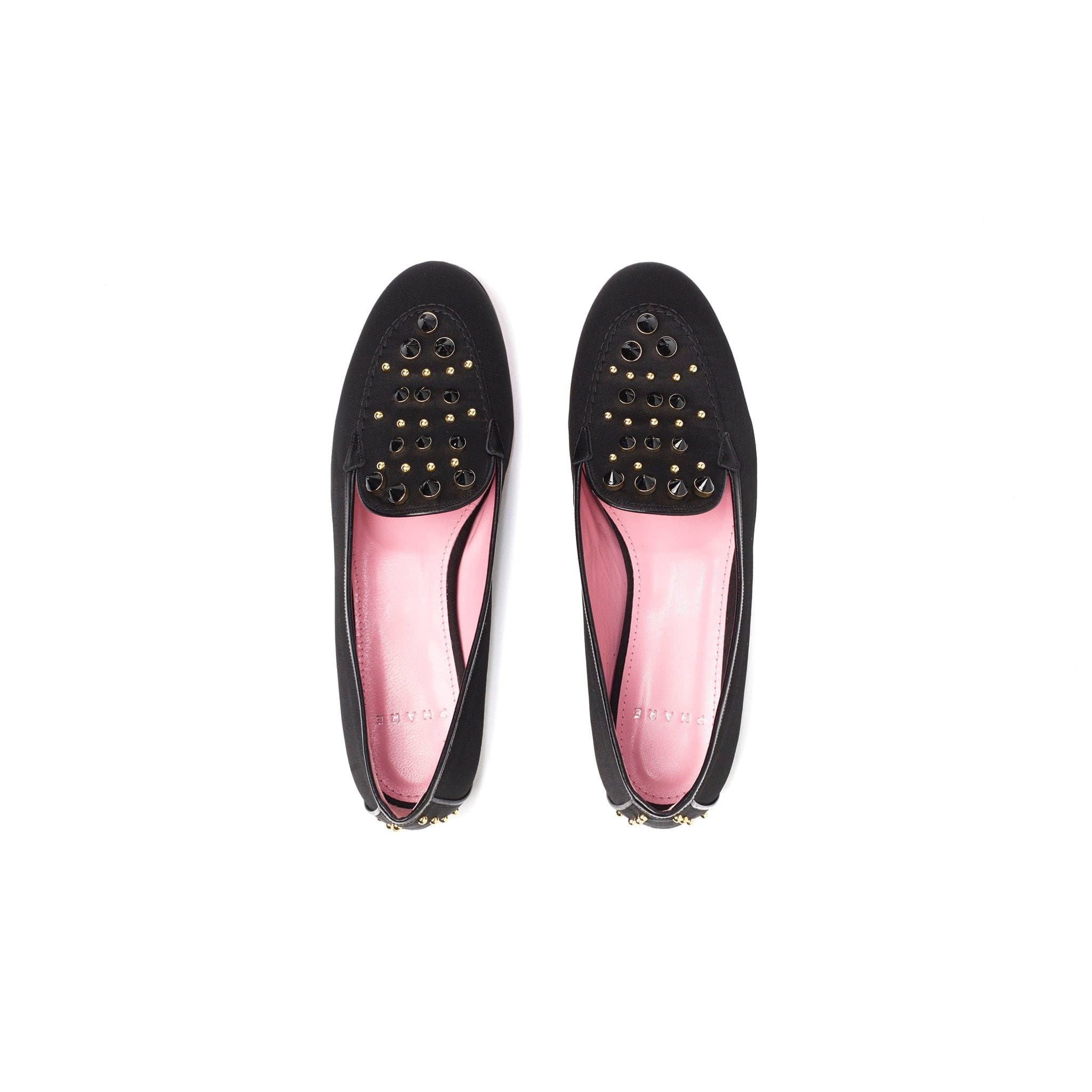 Phare studded loafer in black silk satin with black gold studs back view
