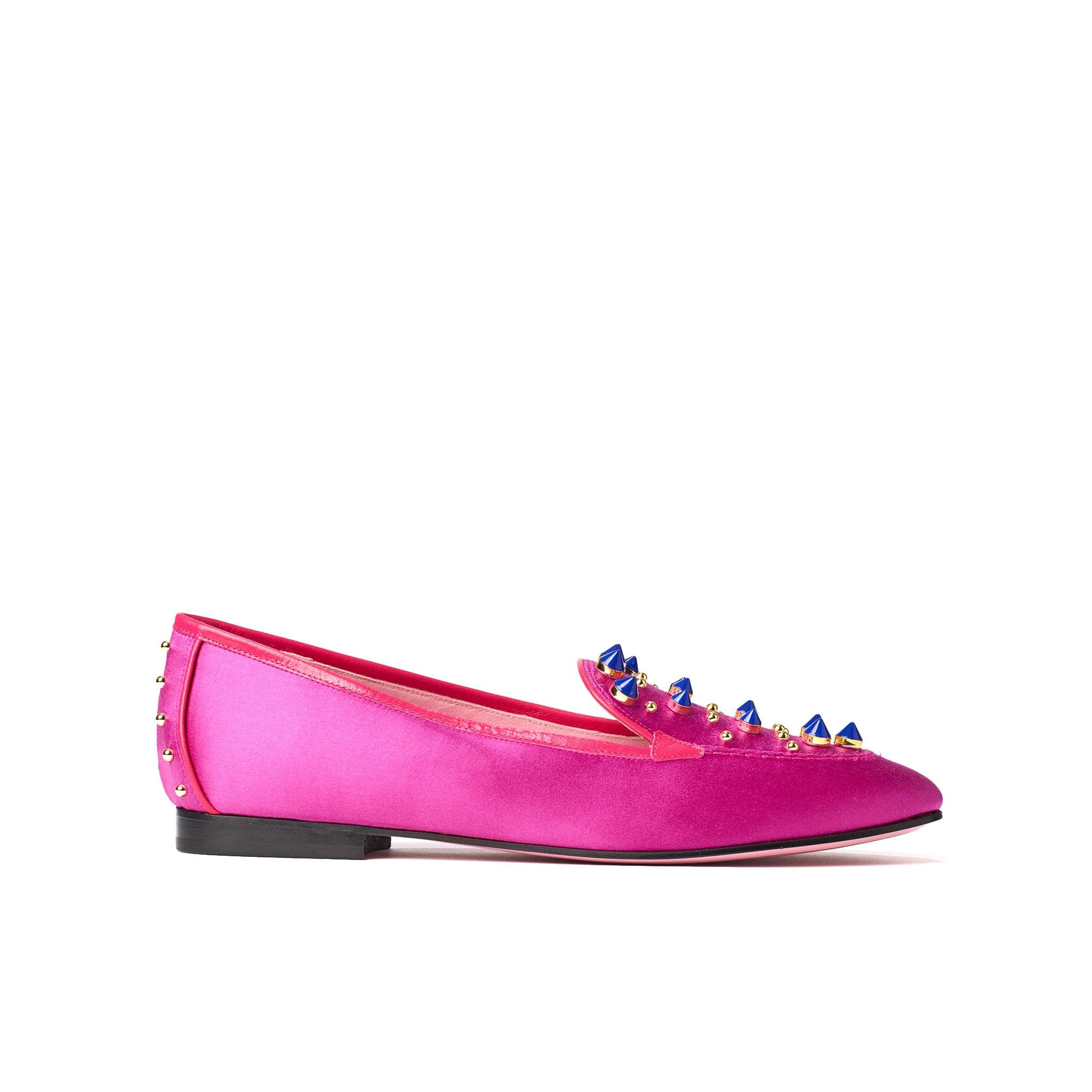 Phare Studded loafer in magenta silk satin with blue and gold studs