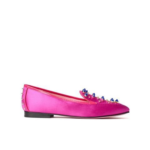 Phare Studded loafer in magenta silk satin with blue and gold studs