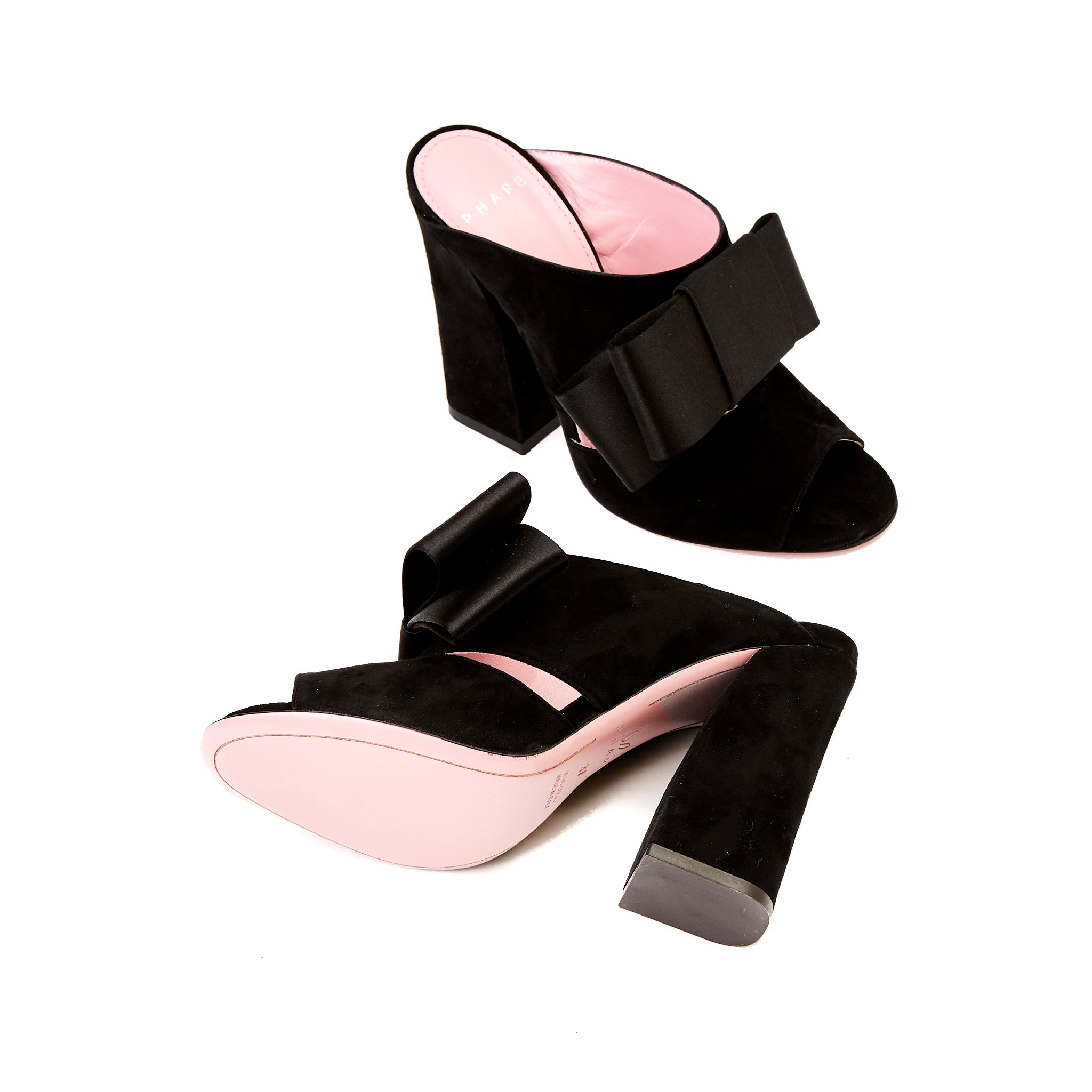 Phare High heel block heel mule with bow in black suede and satin back view
