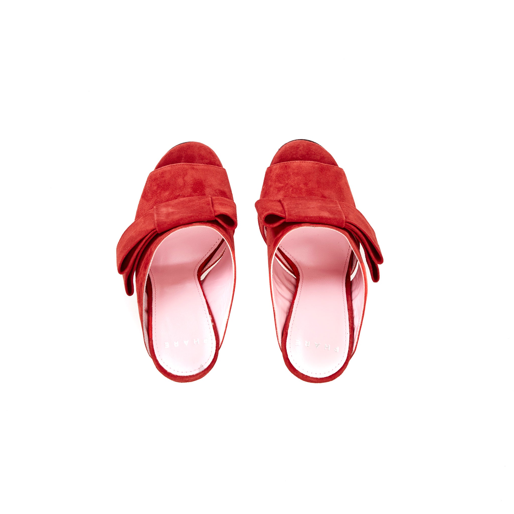 Phare High heel block heel mule with bow in rosso suede top view