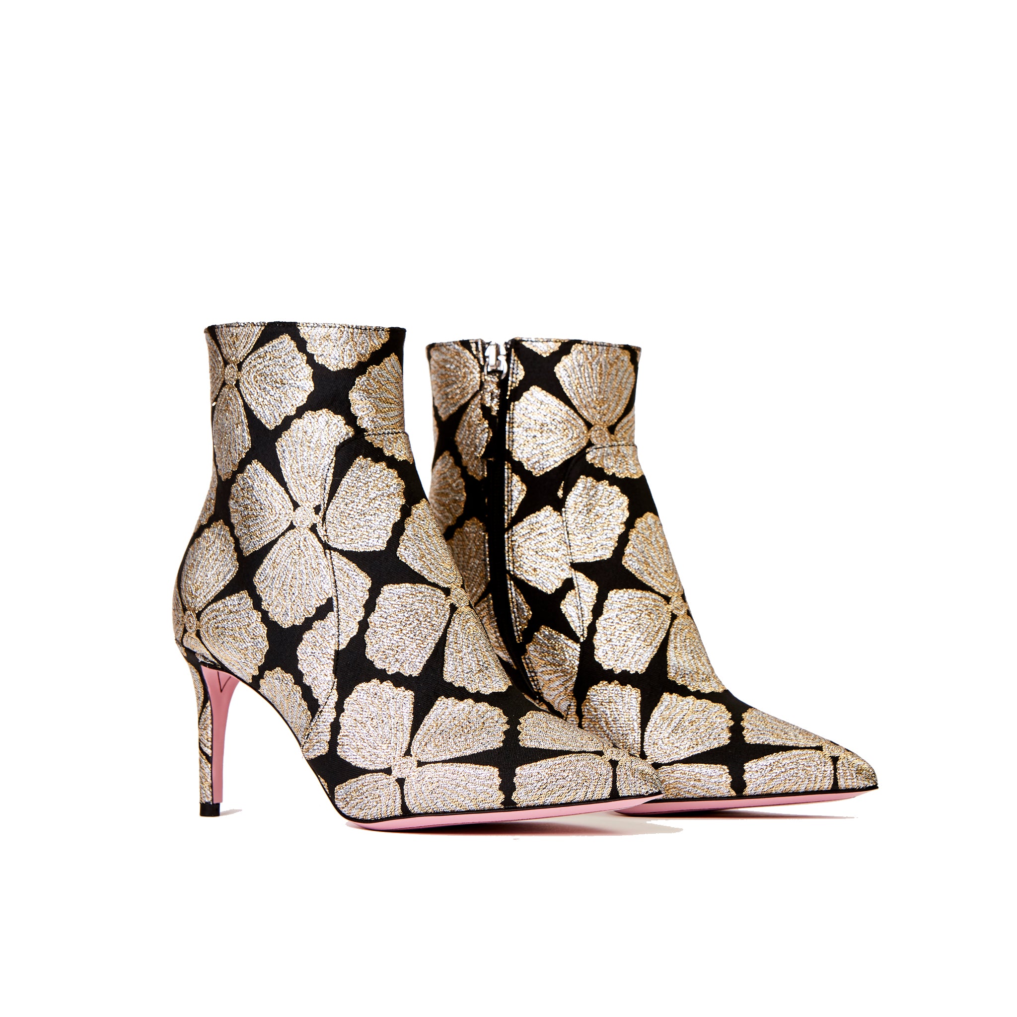 Phare Metallic brocade high heel boot 3/4 view