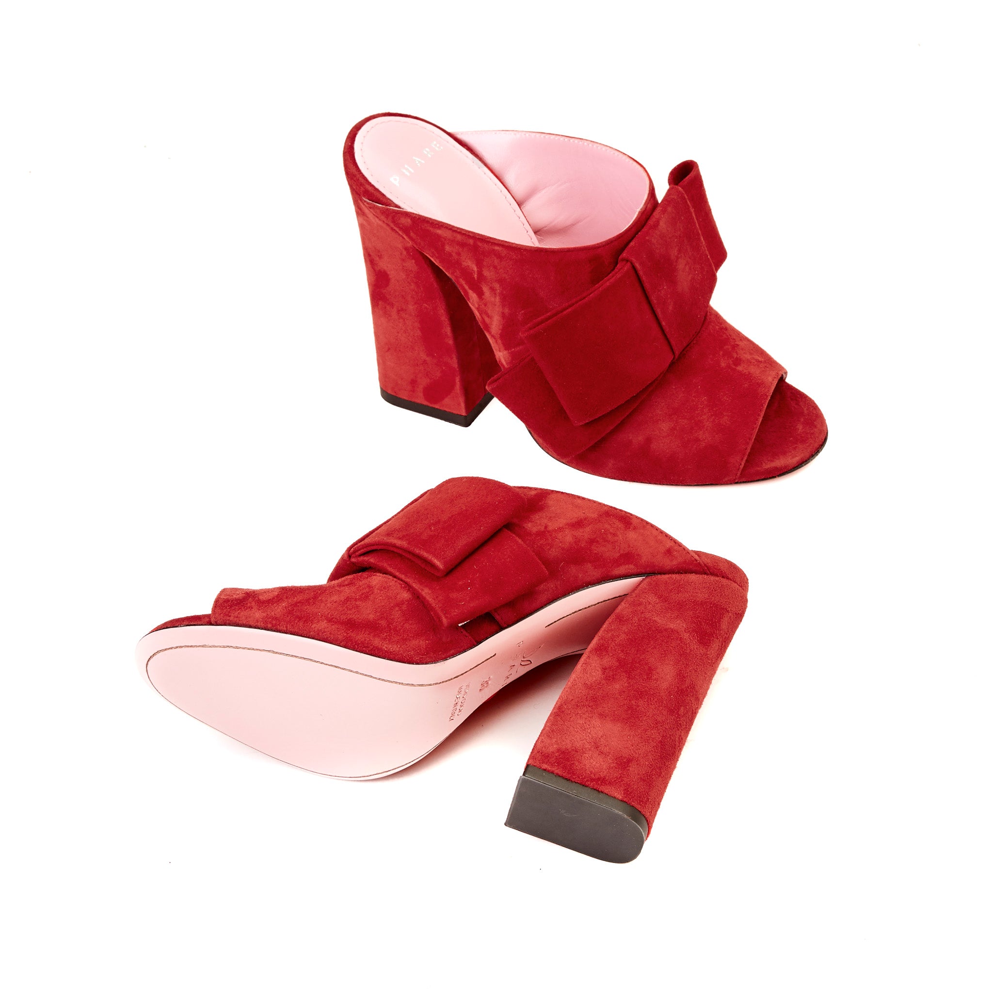 Phare High heel block heel mule with bow in rosso suede back view