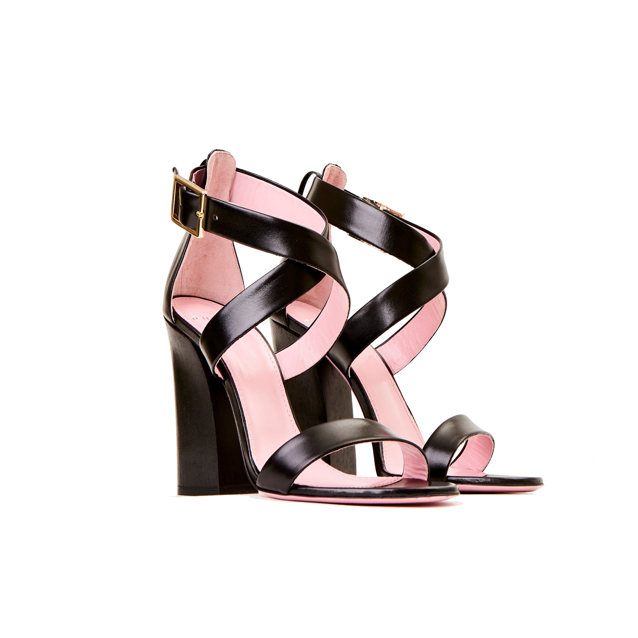 Phare Cross strap block heel sandal with wooden heel in black leather 3/4 view
