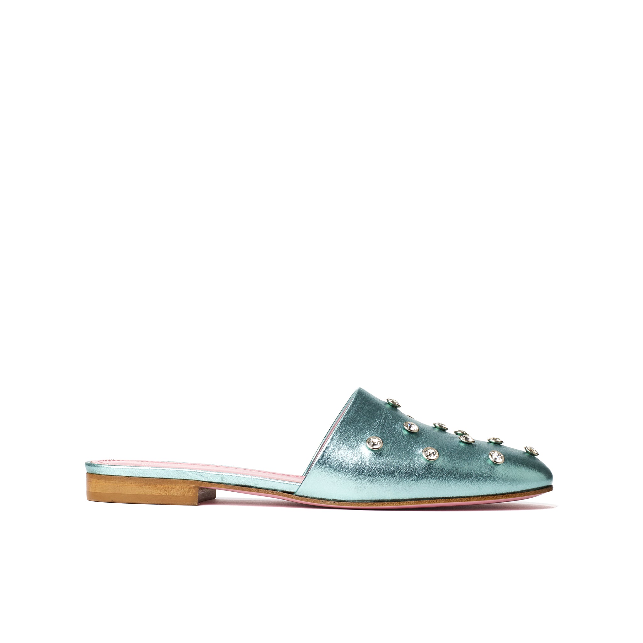 Phare crystal embellsihed slipper in acqua metallic leather