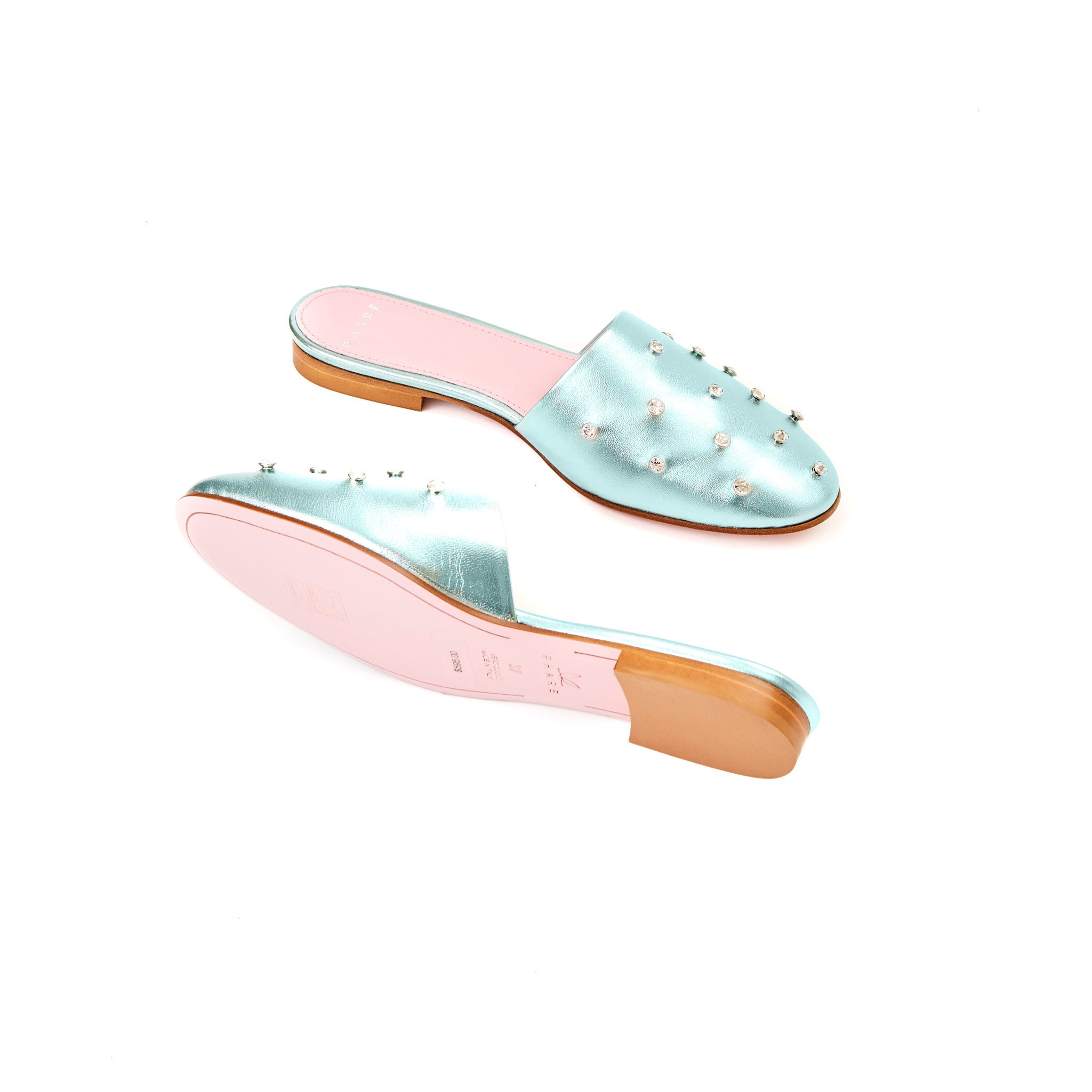 Phare crystal embellsihed slipper in acqua metallic leather sole view