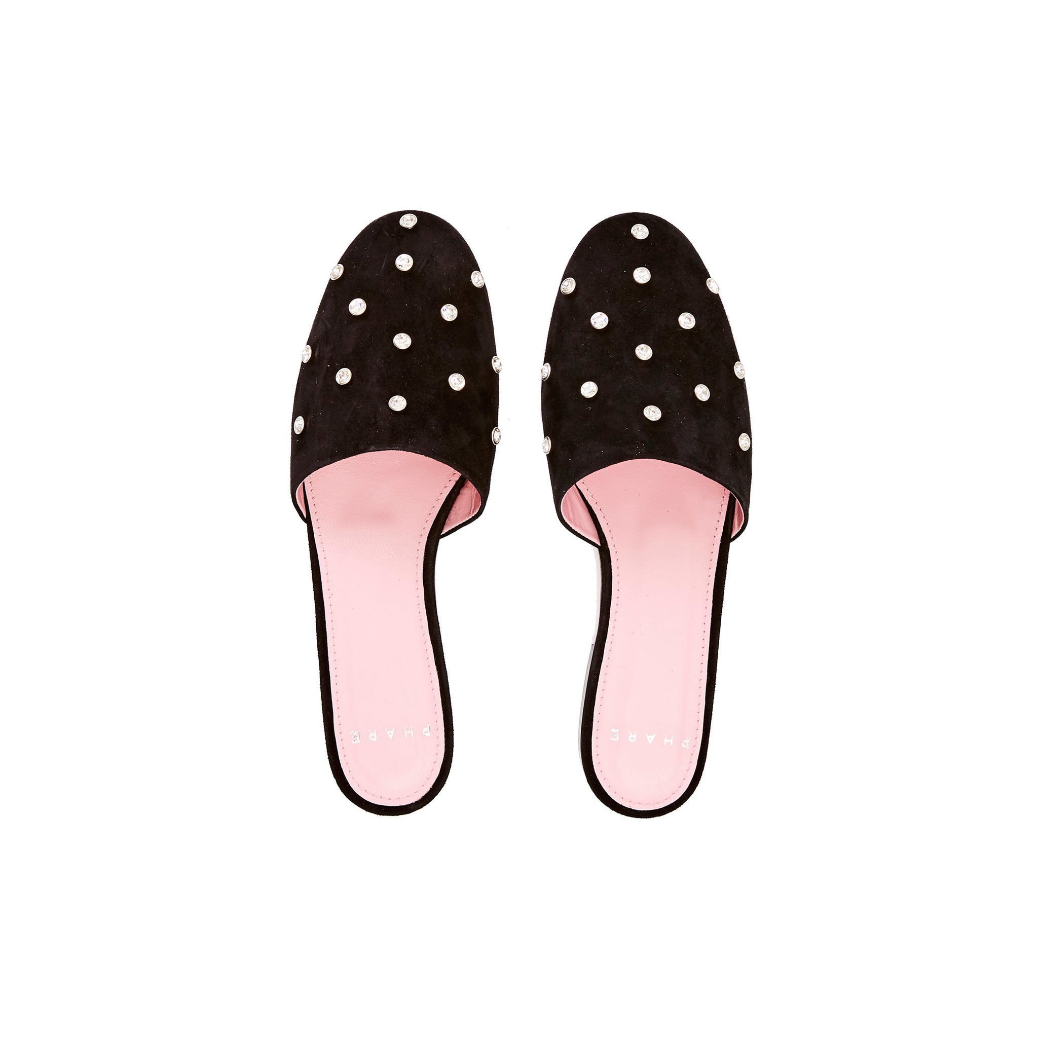 Phare crystal embellsihed slipper in black suede top view