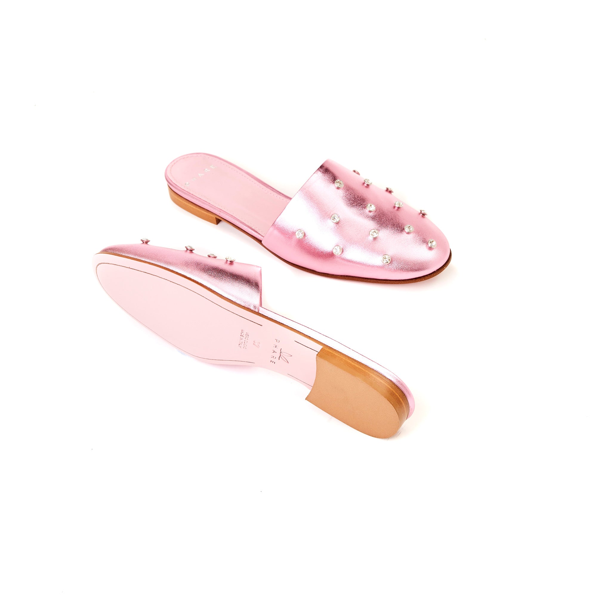 Phare crystal embellished slipper in rosa metallic leather sole view