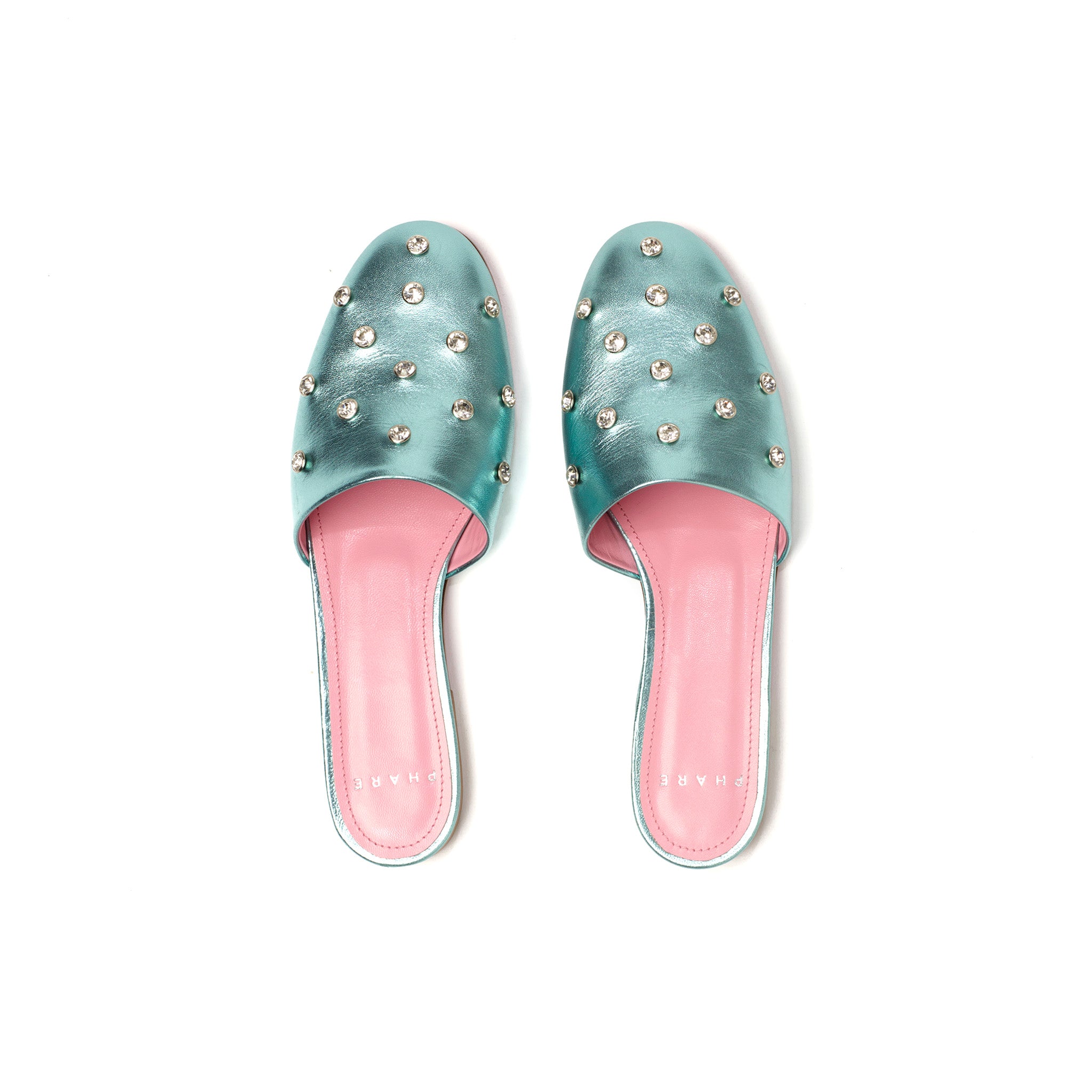 Phare crystal embellsihed slipper in acqua metallic leather top view