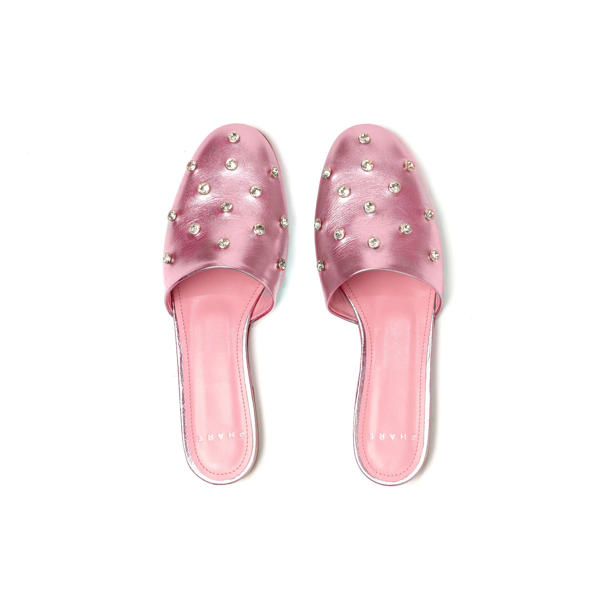 Phare crystal embellished slipper in rosa metallic leather top view