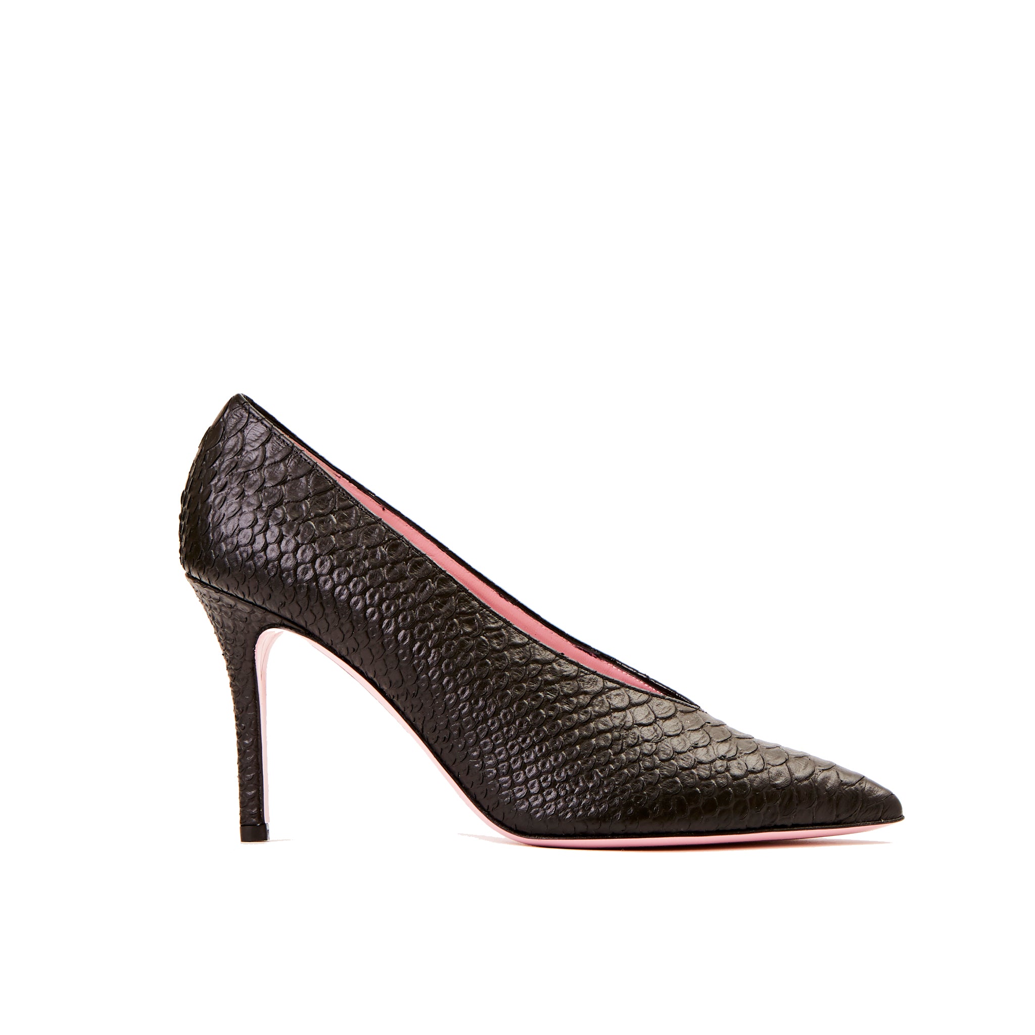 Phare High vamp pump in black embossed snake leather
