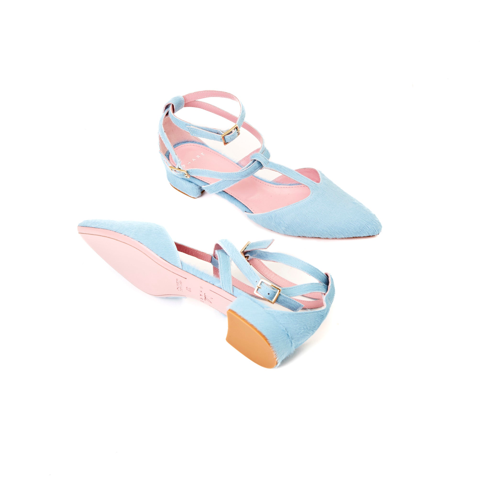 Phare ankle strap pointed flat in light blue pony hair sole view